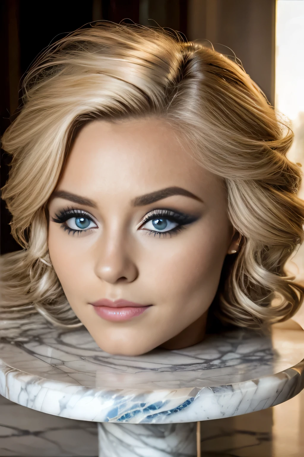 ((disembodied head on a marble table)), detailed skin texture, Une photographie d&#39; female woman with a face, curled blonde hair, blue eyes, crown, ((Lora:pretty makeup, sexy)).