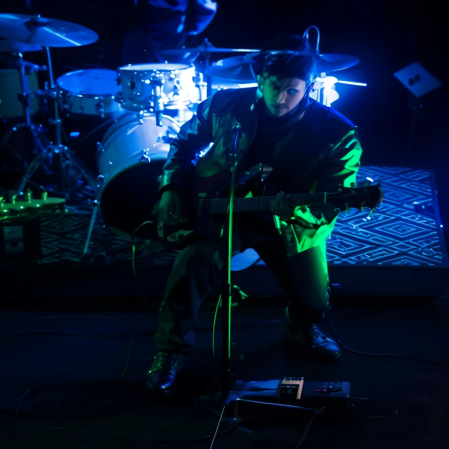 Arafed homem tocando uma guitarra no palco com um microfone, tocando guitarra no palco, explosions in the background, live foto do showgraphy, explosions in the background, with leviathan ax, set at night, kneeling at the shiny floor, atuando, proto-metal concert, explosoes no CEU, foto do show, aura jared e fios, ambiente escuro, cantor e compositor nin, luz esquerda