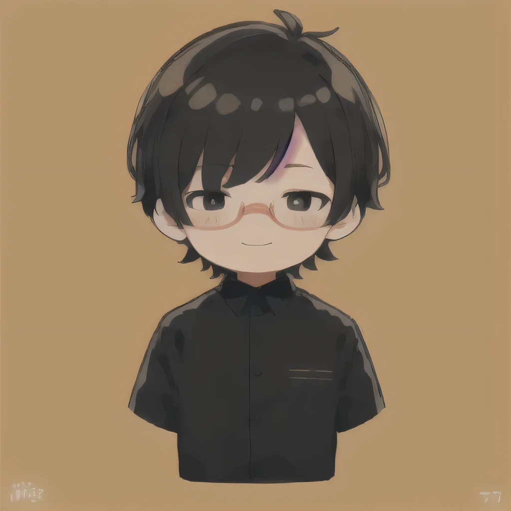 flat avatar, 1 boy, alone, soft_smile, upper_body,Chibi, simple background,black hair, black rim glasses,Wellington,gray cutter shirt,very short hair,73 divisions