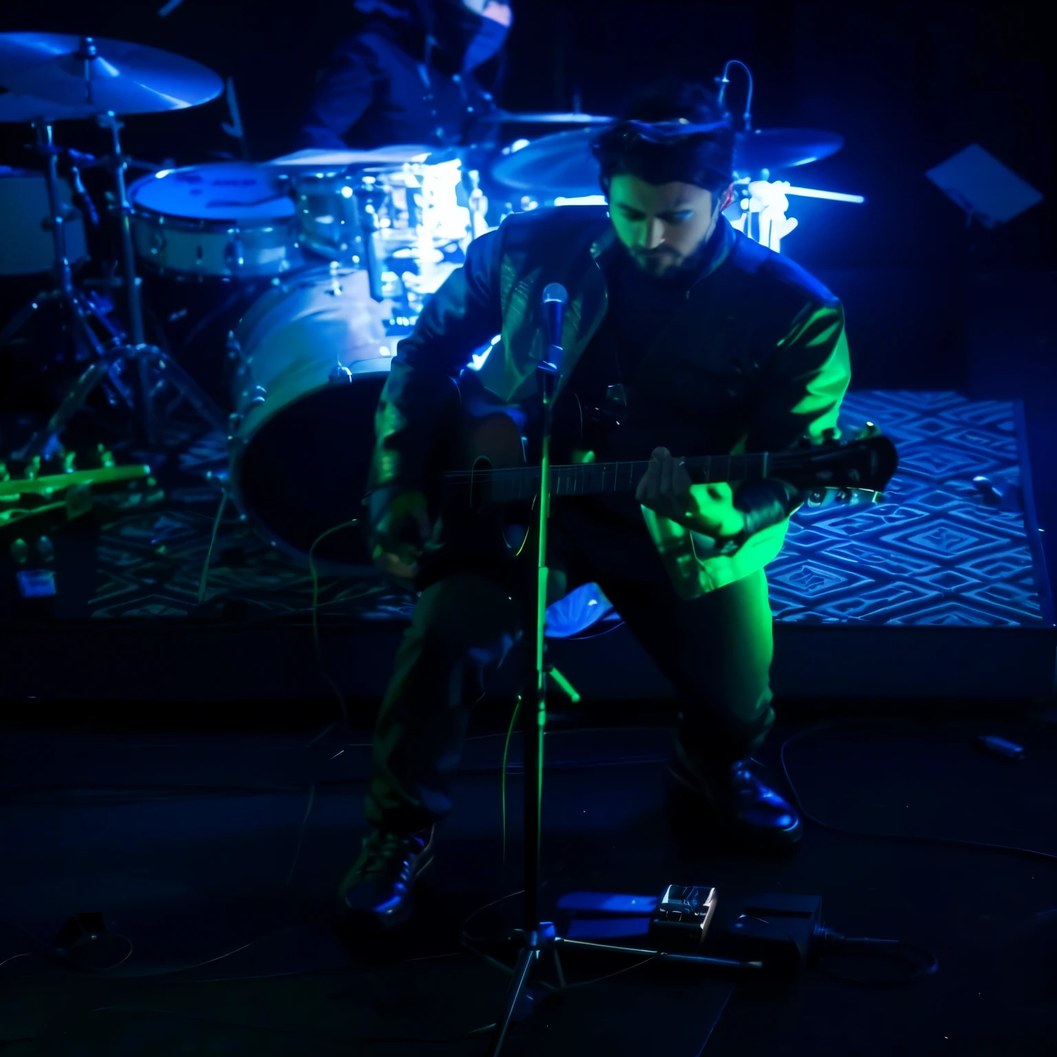 Arafed homem tocando uma guitarra no palco com um microfone, tocando guitarra no palco, explosions in the background, live foto do showgraphy, explosions in the background, with leviathan ax, set at night, kneeling at the shiny floor, atuando, proto-metal concert, explosoes no CEU, foto do show, aura jared e fios, ambiente escuro, cantor e compositor nin, luz esquerda