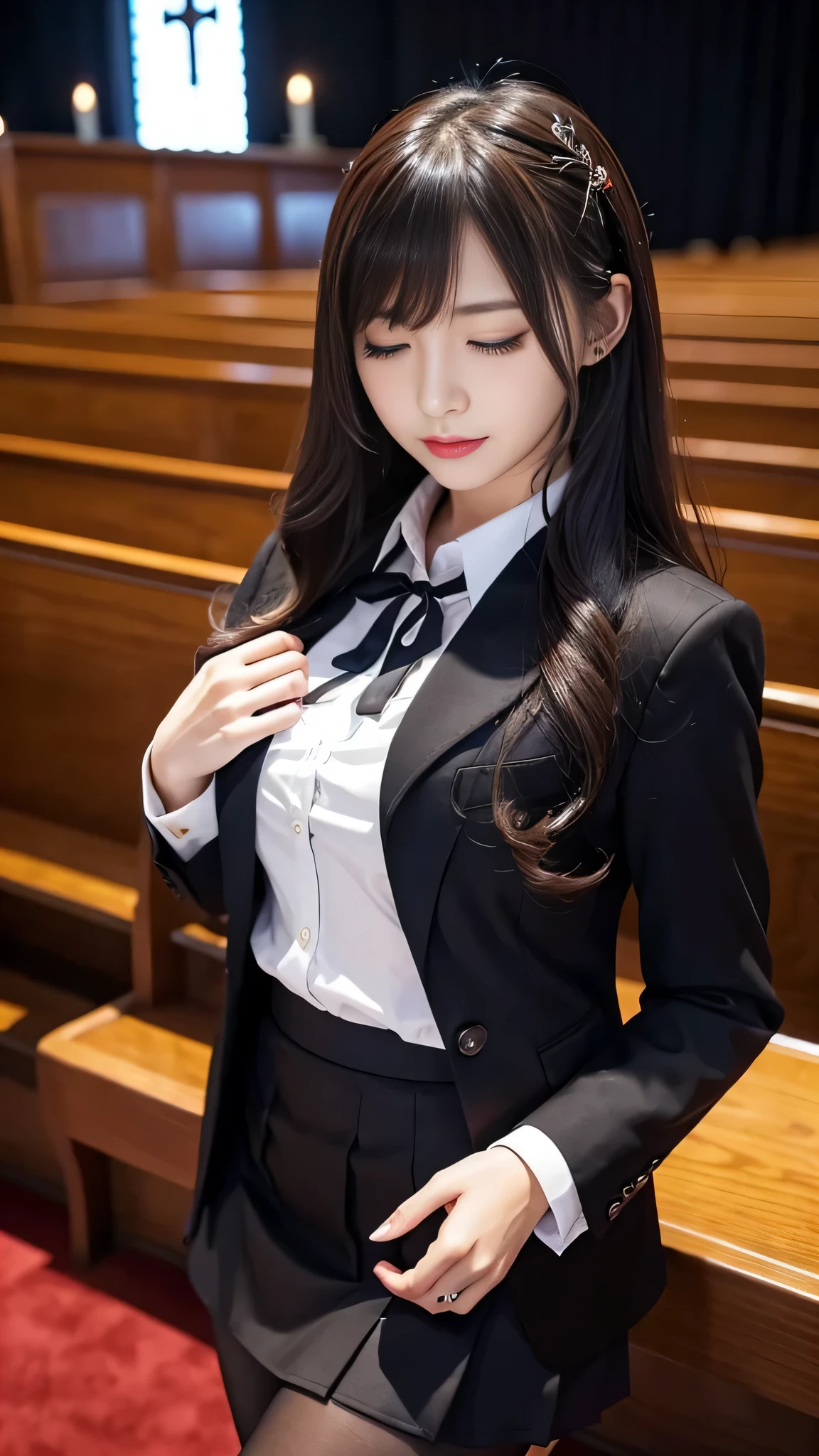 ltra-detailed、Japanese、attractive beauty、seductive adult woman、pretty woman、piercing eyes、cool girl、wavy hair、swept bangs、Female student、suit、Jacket、shirt、ribbon、blouse、Tight Skirt、pantyhose、beautiful feet、Evil cadres、evil depravity、brainwash、mind control、lipstick、smirk、dark makeup、hollow eyes,half-closed eyes、evil look、evil、empty eyes、evil、church at night、vampire、succubus、vampire、Swear allegiance、stand、