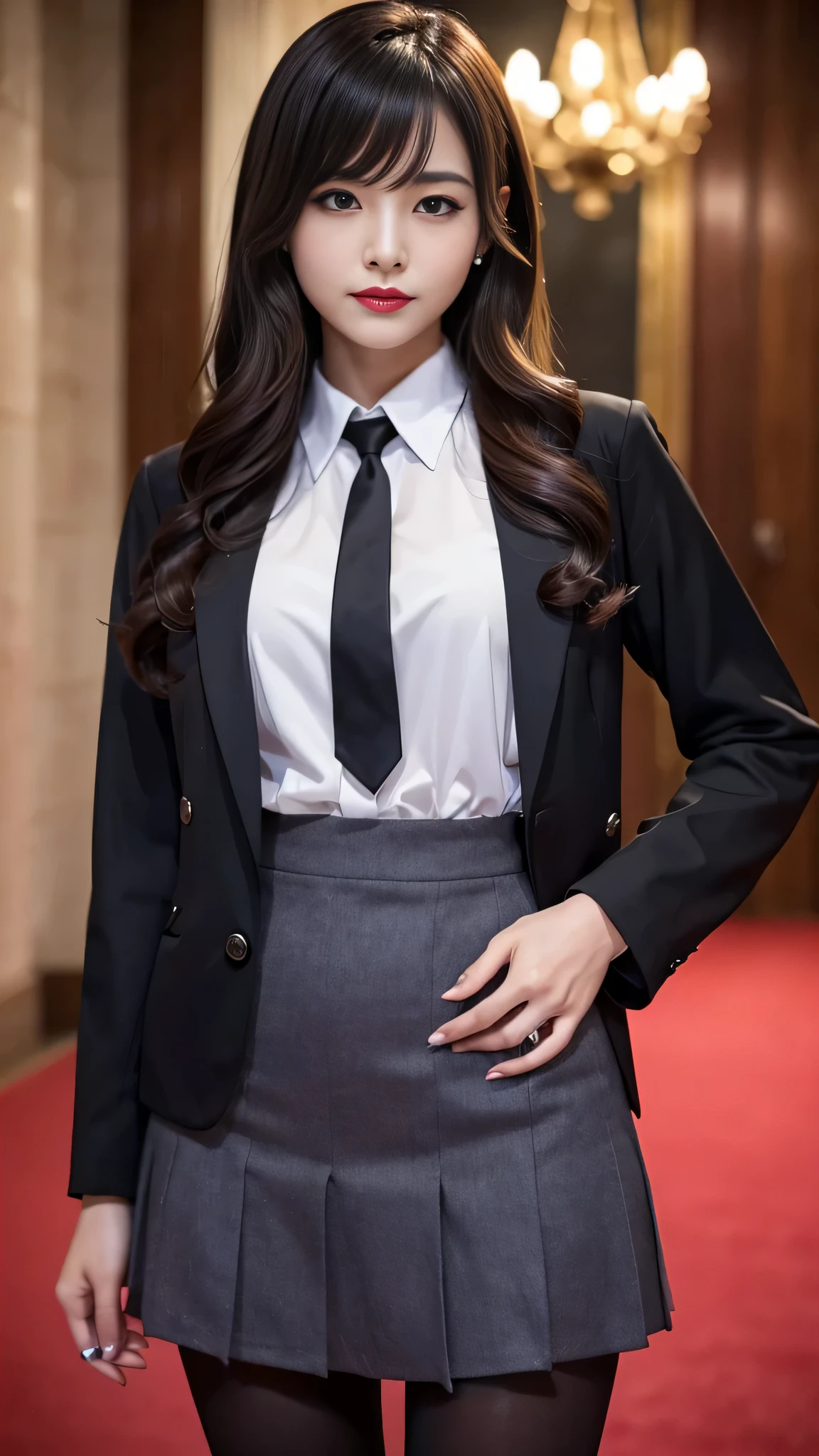 ltra-detailed、Japanese、attractive beauty、seductive adult woman、pretty woman、piercing eyes、cool girl、wavy hair、swept bangs、Female student、suit、Jacket、shirt、ribbon、blouse、Tight Skirt、pantyhose、beautiful feet、Evil cadres、evil depravity、brainwash、mind control、lipstick、smirk、dark makeup、hollow eyes,half-closed eyes、evil look、evil、empty eyes、evil、church at night、vampire、succubus、vampire、Swear allegiance、stand、
