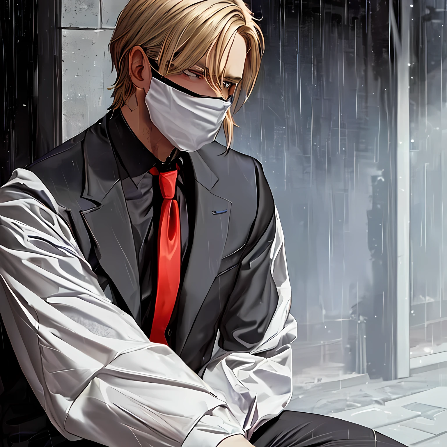 Dark blonde short hair male, angry face, mature male, muscular and really buff. Sitting alone in an alleyway, injured, wearing a tattered black suit with a red tie, wearing a black mask covering his mouth, tattoos on his neck and hands, covered with scars on his neck, face and hands, jacket ripped and bleeding down his forehead, dark and rainy background, rain dripping off his hair, close up, detailed picture, expressive eyes