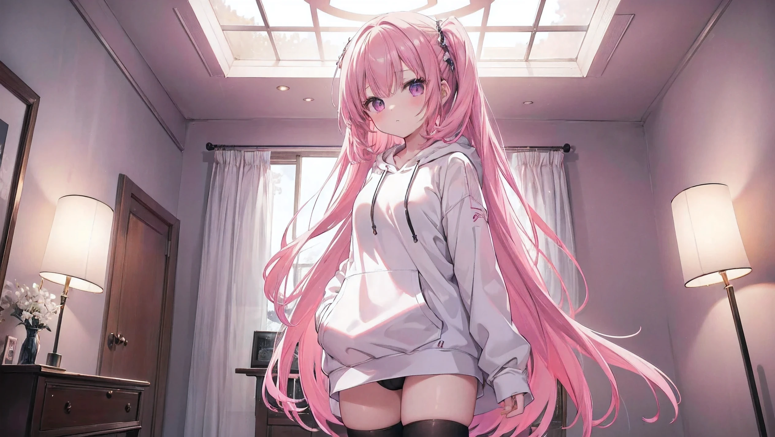 (8K、Top image quality、top-quality、masterpiece)、1 girl、mitsukasa ayase、pink hair、Moderately breasts、black stockings,(white hoodie)、cowboy shot、is standing、Taken from below、indoors,in the bedroom