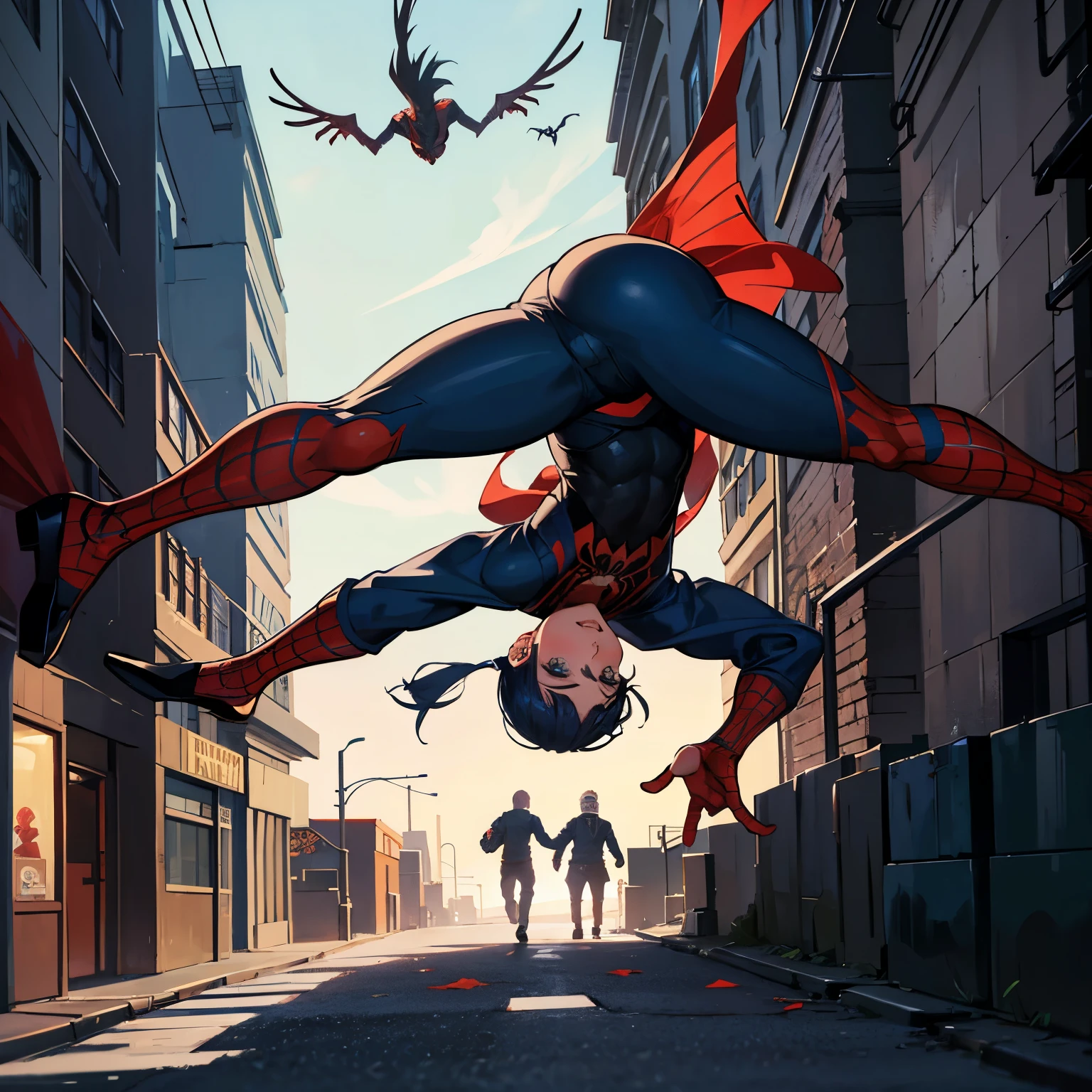 Spider-Man is hanging upside down from one of his webs above a busy street in New York. The sun is going down, and people are leaving work and returning home. Some people are looking at the big teidoman, impressed by its ability to hang from its webs so high. De repente, a thief comes out of an alley and starts running! A teia dele chega para o parar.