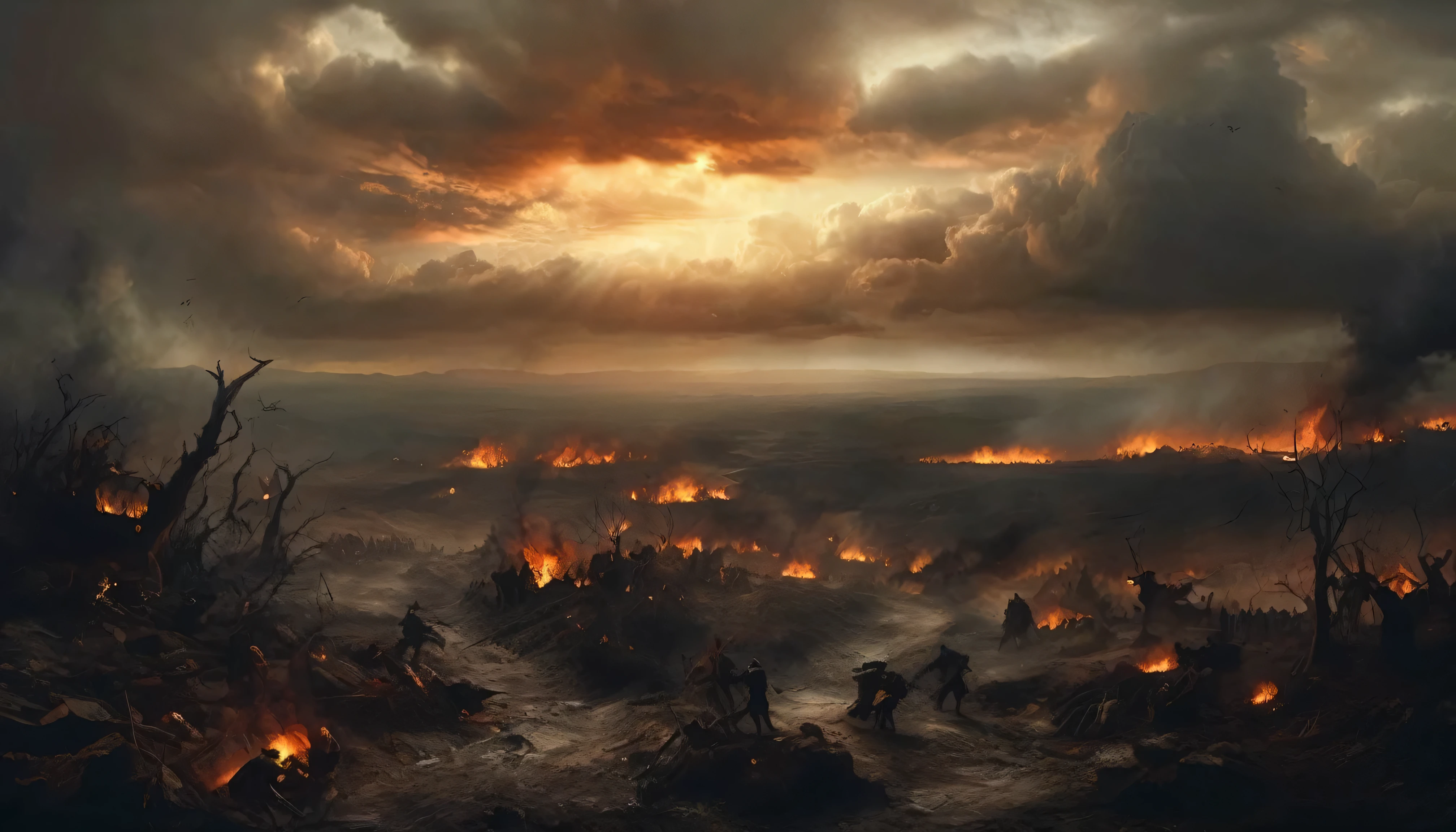 (Best quality,4K,8K,A high resolution,Masterpiece:1.2), Ultra-detailed, (Realistic,Photorealistic,photo-realistic:1.37), Apocaliptic wide landscape, thousands of Demons fighting each other, fierce battle scenes, A fiery explosion, fire, blood, Chaotic destruction, Warriors fight, Supernatural creatures, Smoke and ash, Dark atmosphere, eerie silence, Glowing embers, Twis metal, Decaying landscape, Desolation, despair, Dramatic lighting, epic scale, Intense emotions, Blood, gore, skeletons, war, fight, thousands of demons, Multiple people, emerging sun from dark clouds, Mountains far away, woods