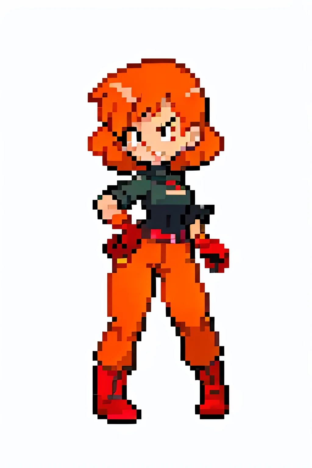 Milf, tall woman, square orange hair, brown eyes, pink lip, and wears a long-sleeved red shirt, wears a black glove, and underneath, bright red thin pants, and a huge sexy back, and wears a long black boot.