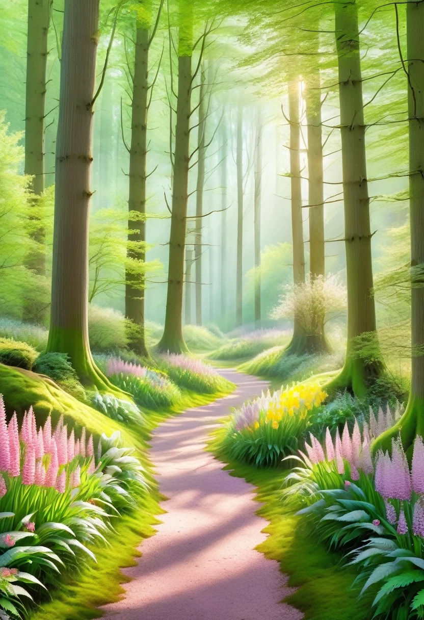 ((spring morning first rays of sun: 1.5)), (masterpiece), (Best quality: 1.0), (Ultra high resolution: 1.0), detailed illustration, detailed forest, morning colors, watercolor tones, yellows, pink, green, ray of morning sun passing over the trees, medium long grass, dirt path, wild flowers, beautiful magical work of art, ((magical, beautiful trees: 1.4 )), ((Best quality, vibrant, 32k of well-defined light and shadows)).