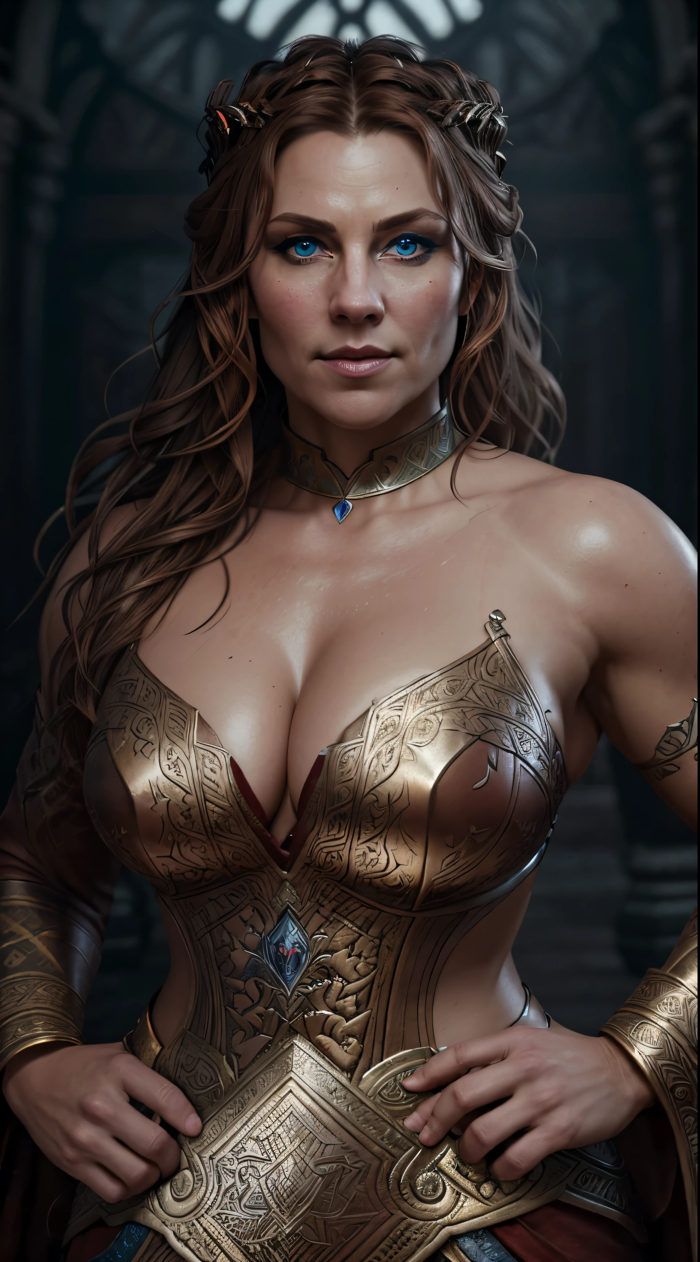 Full body Portrait of the Great Nordic Queen, a very gorgeous woman, 50 years old, thick healthy body, erotic warrior costumes, dark red styled fluffy hair, natural Blue eyes, a nose with a bump, an elongated chin, dressed in ancient national,
8k resolution, dynamic lighting hyperdetailed intricately detailed Splash art trending on Artstation triadic colors Unreal Engine 5 volumetric lighting, oil painting, heavy strokes