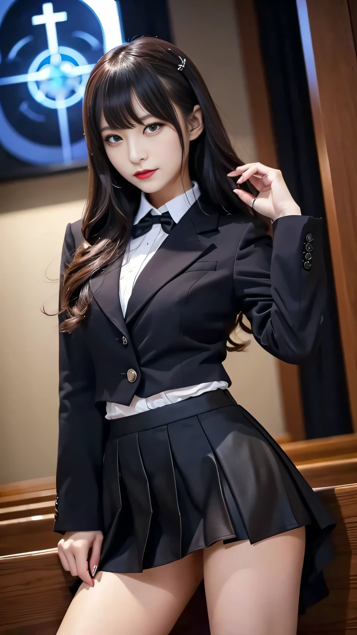 ltra-detailed、Japanese、attractive beauty、seductive adult woman、pretty woman、piercing eyes、cool girl、wavy hair、swept bangs、Female student、suit、Jacket、shirt、ribbon、blouse、Tight Skirt、pantyhose、beautiful feet、Evil cadres、evil depravity、brainwash、mind control、lipstick、smirk、dark makeup、hollow eyes,half-closed eyes、evil look、evil、empty eyes、evil、church at night、vampire、succubus、vampire、Swear allegiance、stand、