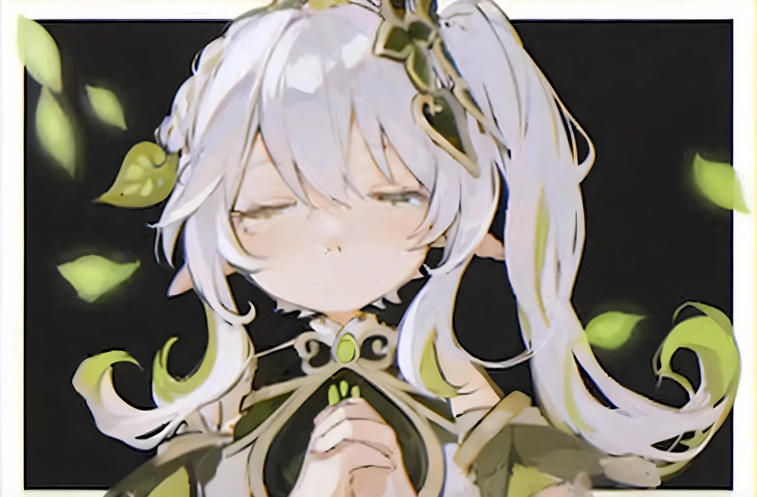 anime girl with long white hair and green dress with leaves, white haired deity, , discord pfp, guweiz, shikamimi, an exhausted deity, with huge luminous sad eyes, , fus rei, avatar image, white-haired, she has elf ears and gold eyes, white haired, discord profile picture, detailed fanart