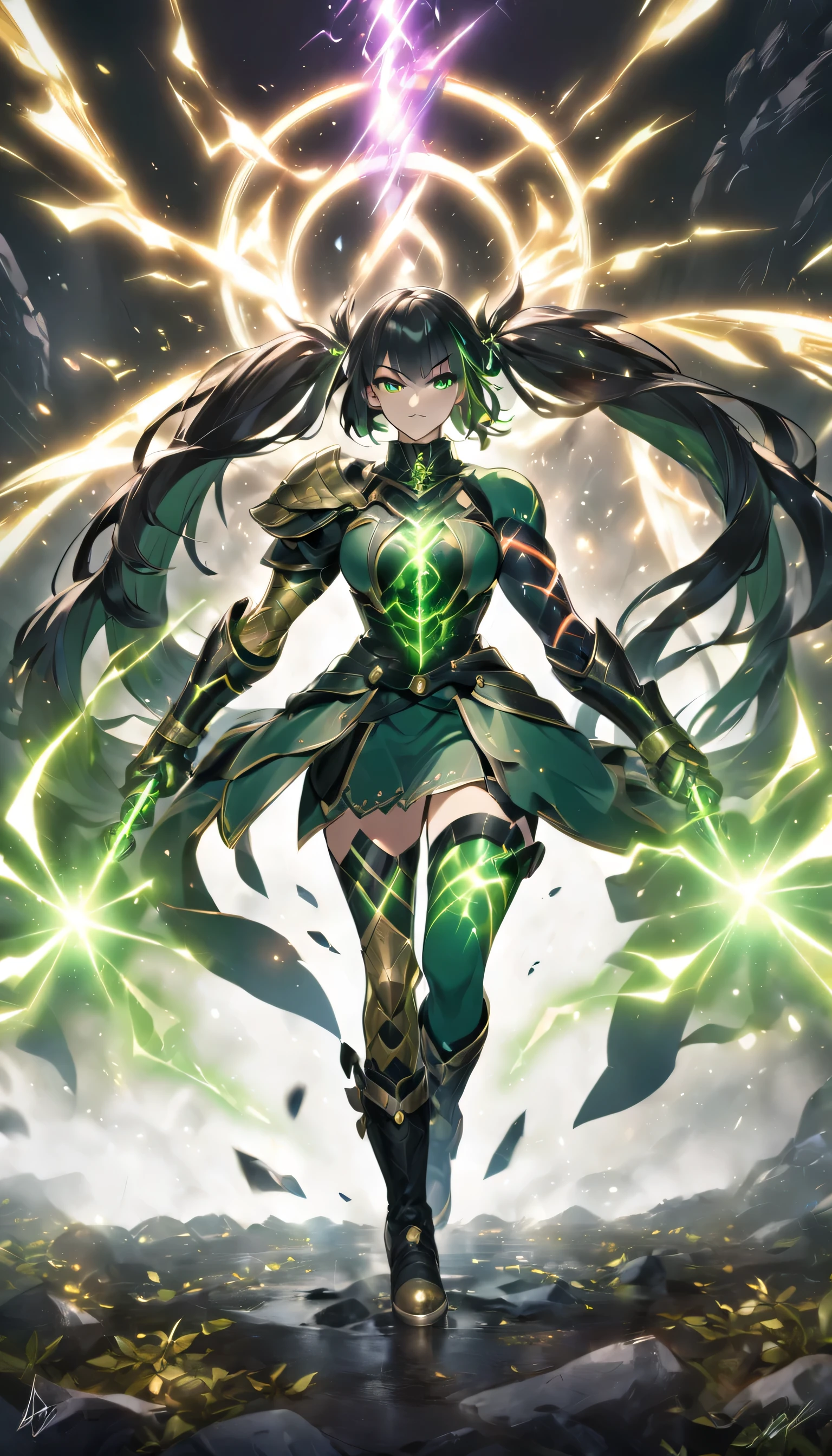 an anime style drawing of a girl  in a black and green costume with energy bolts, 1girl, twintails, black hair, electricity, green eyes,boots ,gldnorderxl, radagon of the golden order, glowing effects