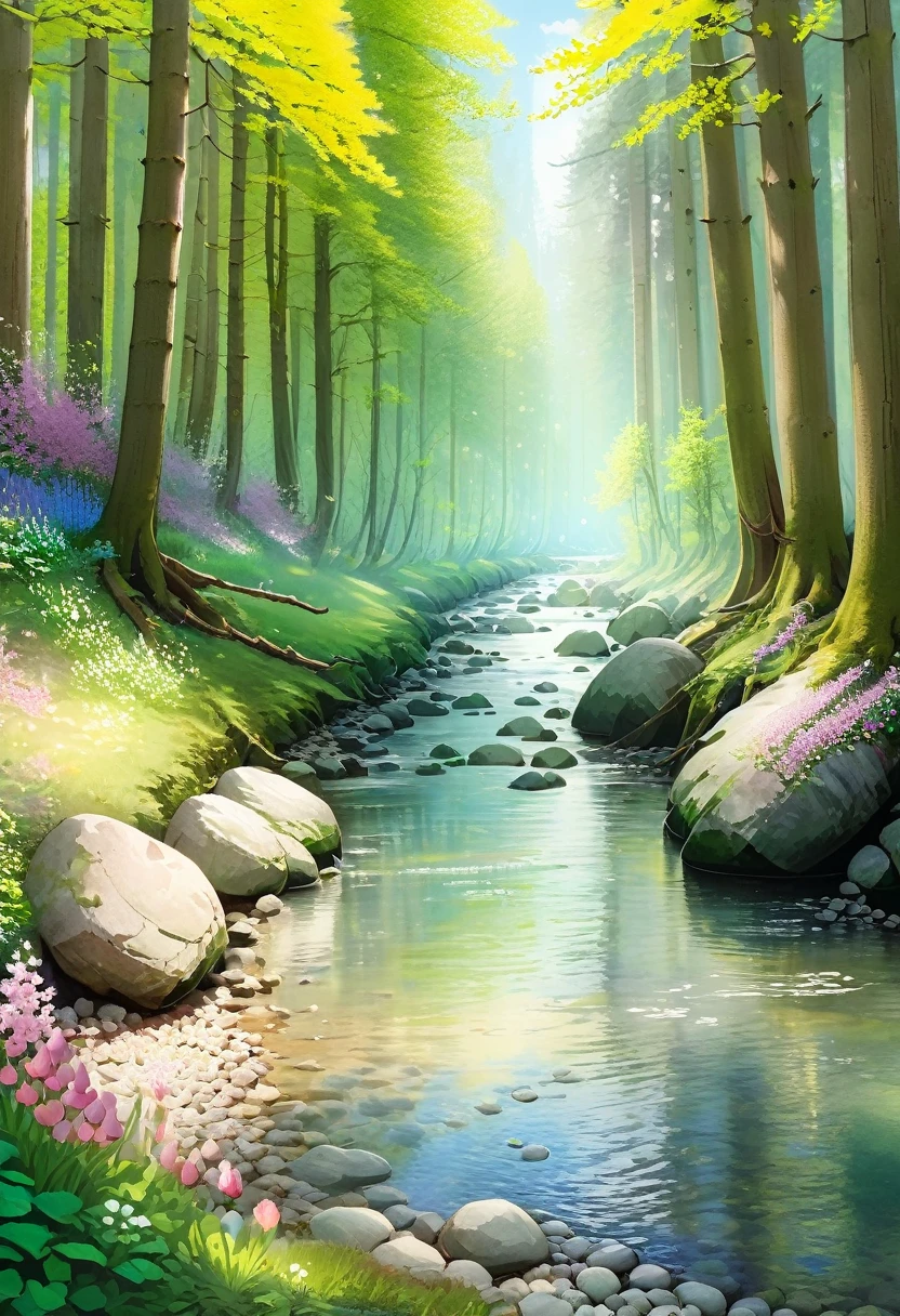 ((spring morning first rays of sun: 1.5)), (masterpiece), (Best quality: 1.0), (Ultra high resolution: 1.0), detailed illustration, of a river rocks on the banks, crystal clear water detailed, colors in the morning, watercolor tones, yellow, pink, green, ray of morning sun passing over the trees, medium-long grass, dirt road, wild flowers, beautiful magical work of art, ((magical, beautiful trees: 1.4) ), ((Best quality, vibrant, 32k light and well-defined shadows)).