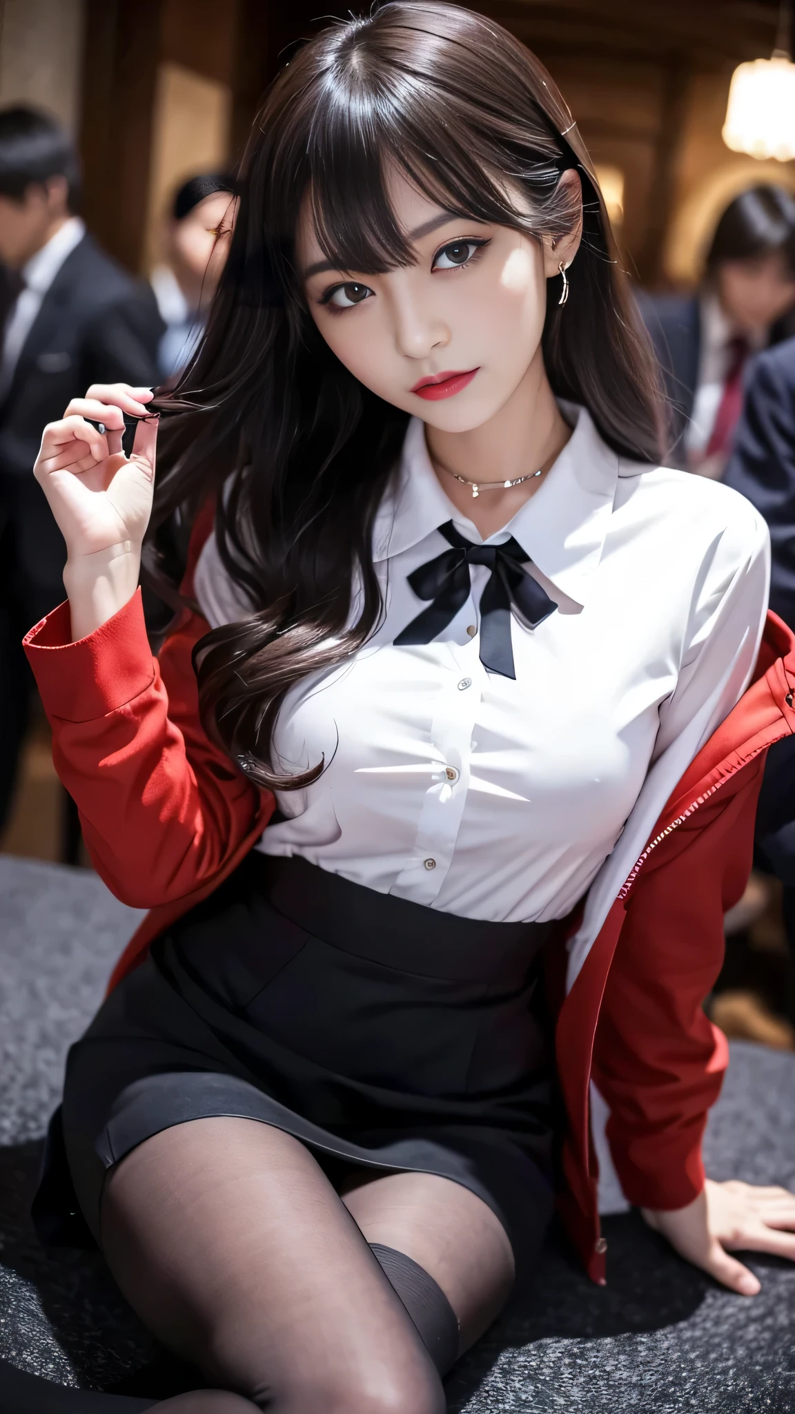 ltra-detailed、Japanese、attractive beauty、seductive adult woman、pretty woman、piercing eyes、cool girl、wavy hair、swept bangs、Female student、suit、Jacket、shirt、ribbon、blouse、Tight Skirt、pantyhose、beautiful feet、Evil cadres、evil depravity、brainwash、mind control、lipstick、smirk、dark makeup、hollow eyes,half-closed eyes、evil look、evil、empty eyes、evil、church at night、vampire、succubus、vampire、Swear allegiance、stand、