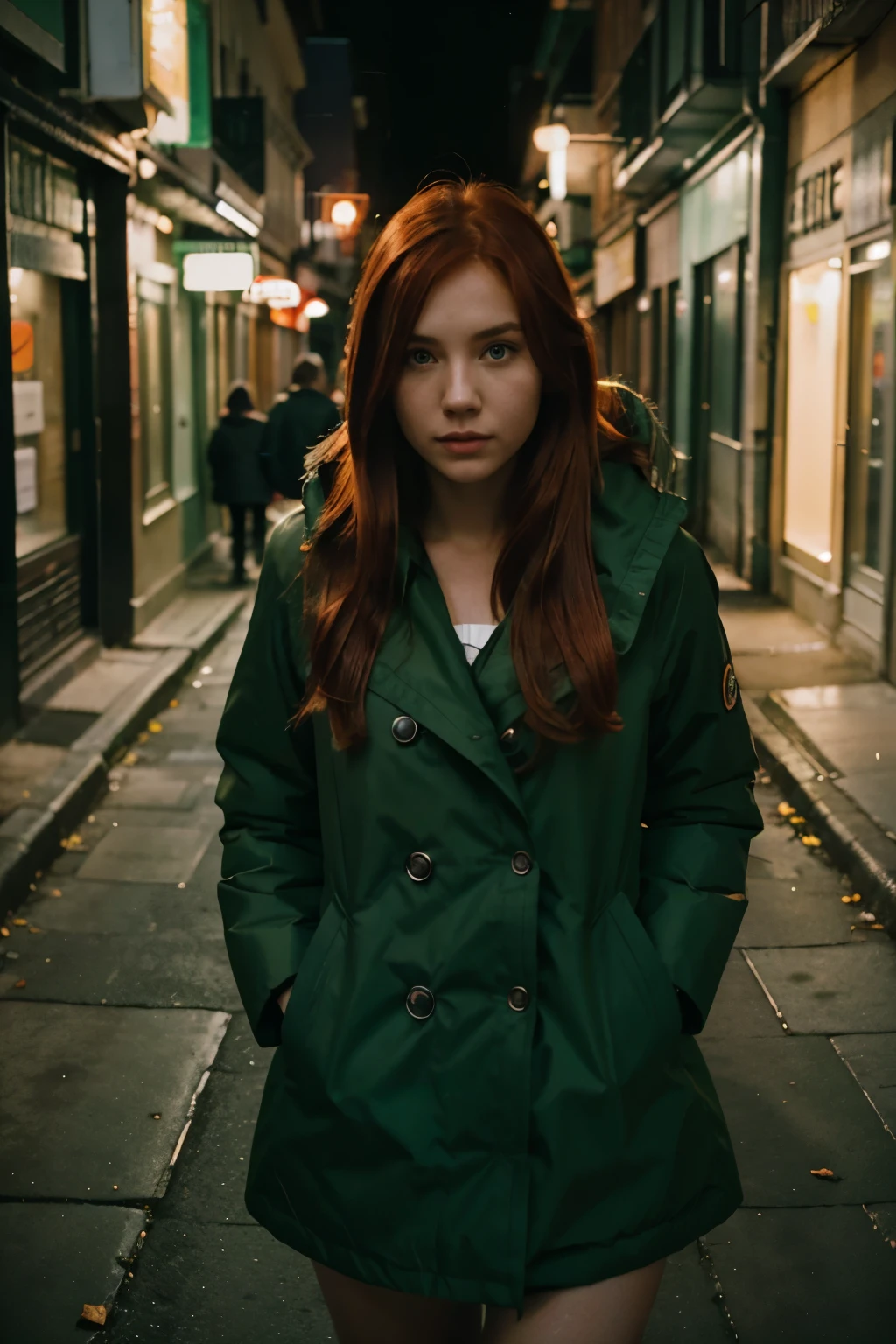 A photo of a busty red haired girl, wearing green parka, walking through a lonely street at night, hyper realistic photo, picture taken with canon eos 3 and kodak gold 400