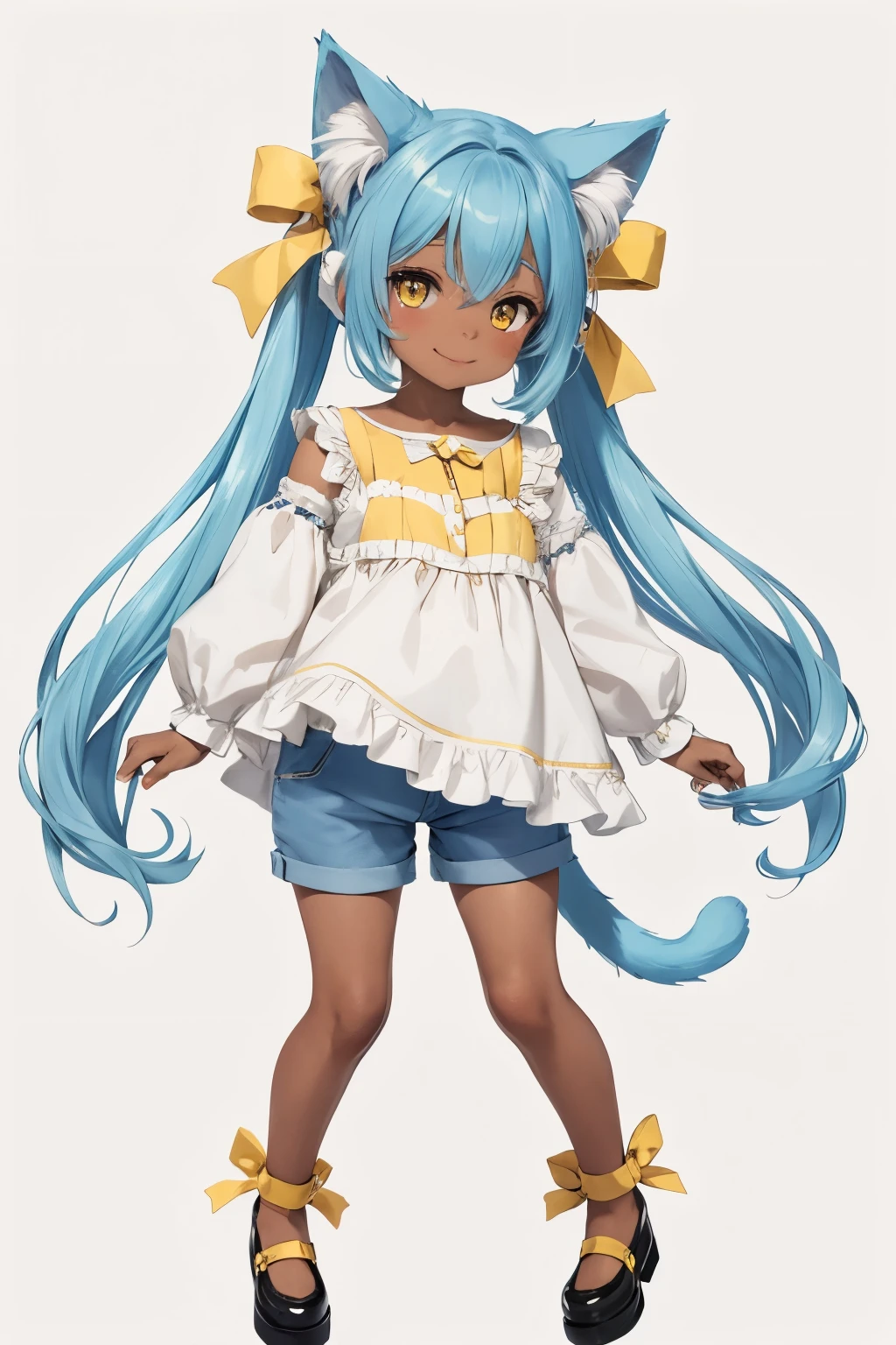 ((best quality)), ((masterpiece)), (detailed), perfect face, cat , long light blue hair, yellow eyes, big unique hairstyle with bows, smiling, full body , wearing cute shoes, fluffy cat tail, cute cat ears, round big anime  eyes, cute simple background, brown skin tone, cute pastel background, cute frilly short sleve shirt, jean shorts, dark skin, standing, 