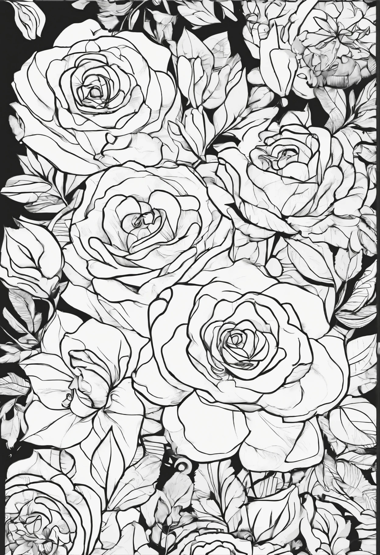 Line drawing, Pixar style, coloring page, black and white, With multiple roses in pattern , ColoringBookAF,blank white background, ColoringBookRedmond-ColoringBook