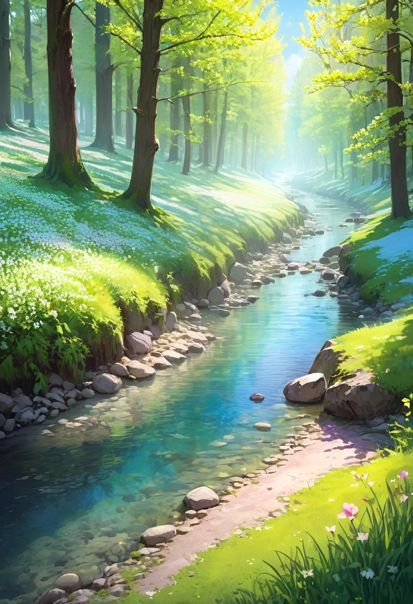 ((spring morning first rays of sun: 1.5)), (masterpiece), (Best quality: 1.0), (Ultra high resolution: 1.0), detailed illustration, of a river rocks on the banks, crystal clear water detailed, colors in the morning, watercolor tones, yellow, pink, green, ray of morning sun passing over the trees, medium-long grass, dirt road, wild flowers, beautiful magical work of art, ((magical, beautiful trees: 1.4) ), ((Best quality, vibrant, 32k light and well-defined shadows)).