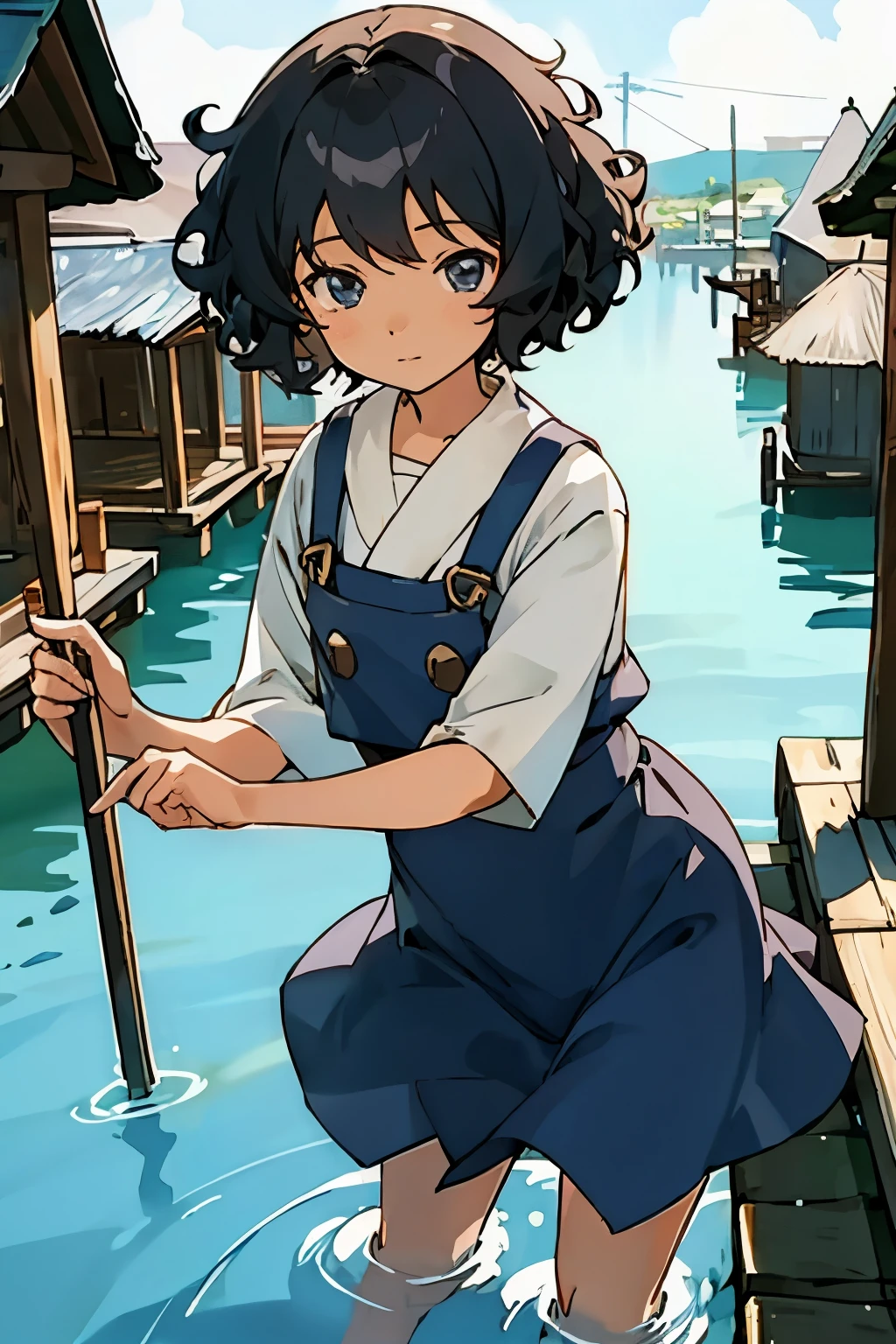 Black girl, with a water village outfit, curly, black and short hair 