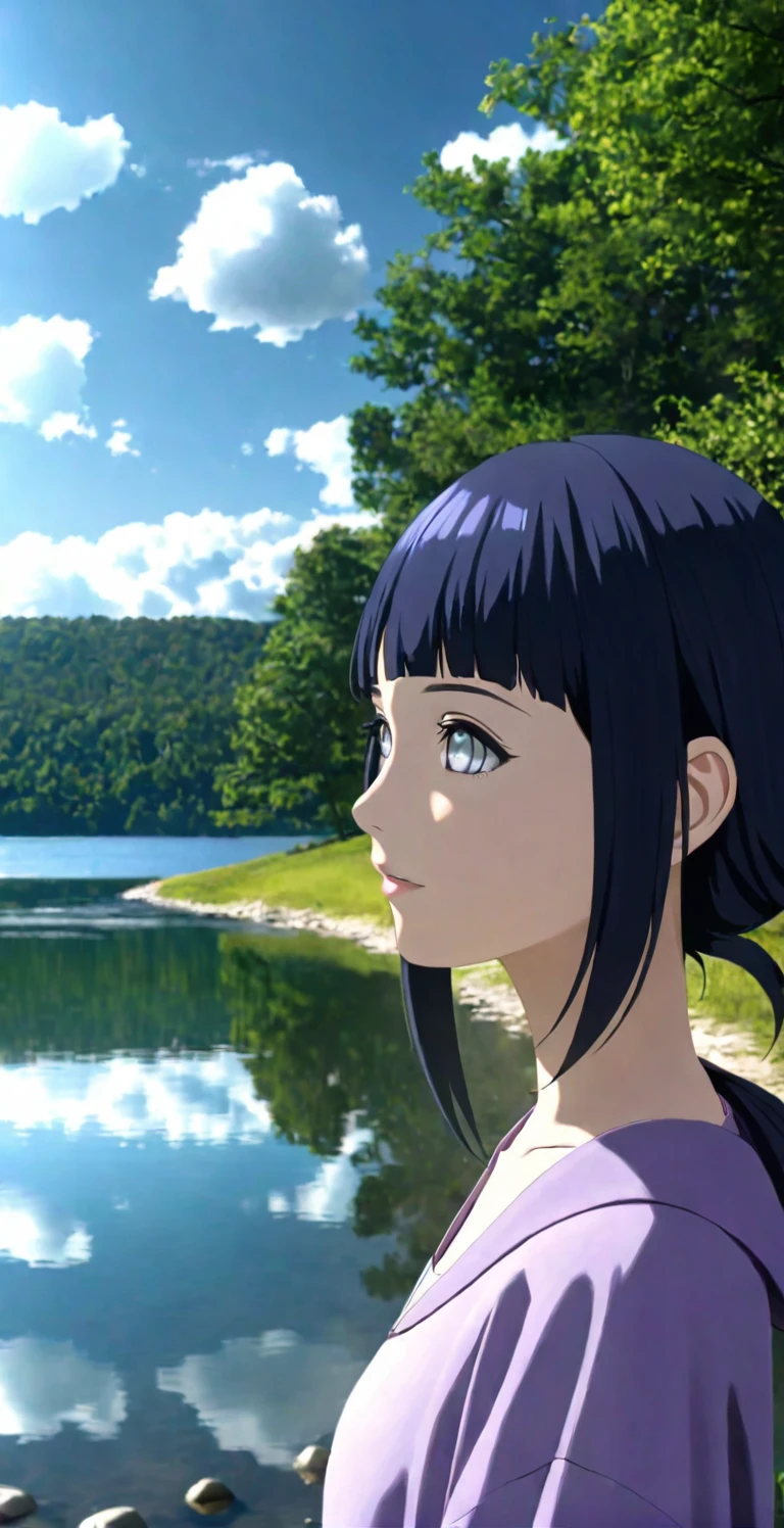 close-up from side, (adult-Hinata) walk next to lake, [enchanting, surreal, studio lighting, HDR, UHD, K]