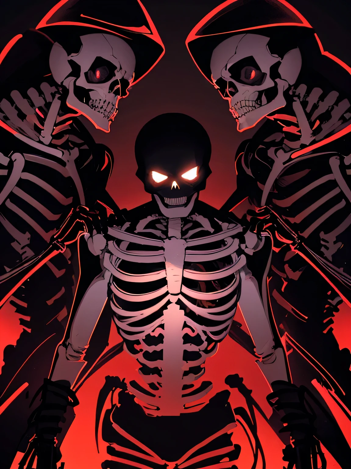 Create an edgy and attention-grabbing illustration featuring a skeleton with multiple heads, contrasting shadows, dark and brooding designer, black background, neon colors, neon lights,