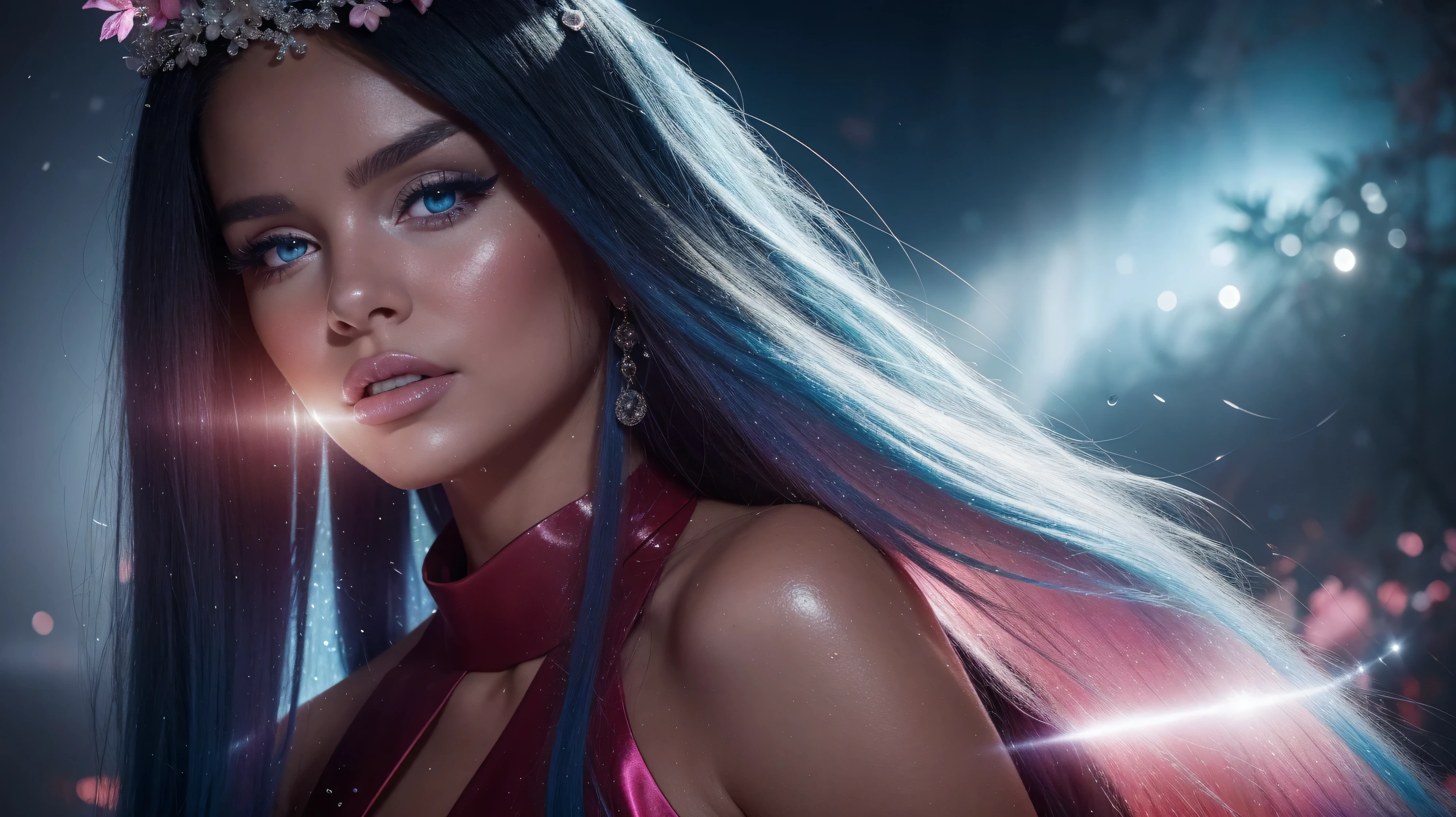 The spotlight is on a girl in a black and red dress, High detail, realistic beautiful girl with long white-blue hair, gradient blue and white hair color,girl with good charisma, creative approach to non-standard poses., Girl in miniskirt, there are splashes of silver dust, and behind him nebula, atmospheric lighting, surrounded by wet dew drops, behind the fantasy world, on a beautiful background, glare, shine, shine, spray drops, high quality, 8k Ultra HD, high contrast, high quality, Soft light, Close up of a beautiful realistic girl with BRIGHT WHITE TURQUOISE and pink long hair....... ,Close-up of clean skin with detailed skin ,full length,in a short miniskirt;handbag Realistic room with silver patterns with pearlescent shine,in drops of dew, stands in a beautiful place where there are a lot of rubber hearts ,everything around is pink and blue,grow along the edges with flowers,in the moonlit meadow ,nebula,epic mood,Best quality,ultra detail,Contrast,clear focus,volumetric light