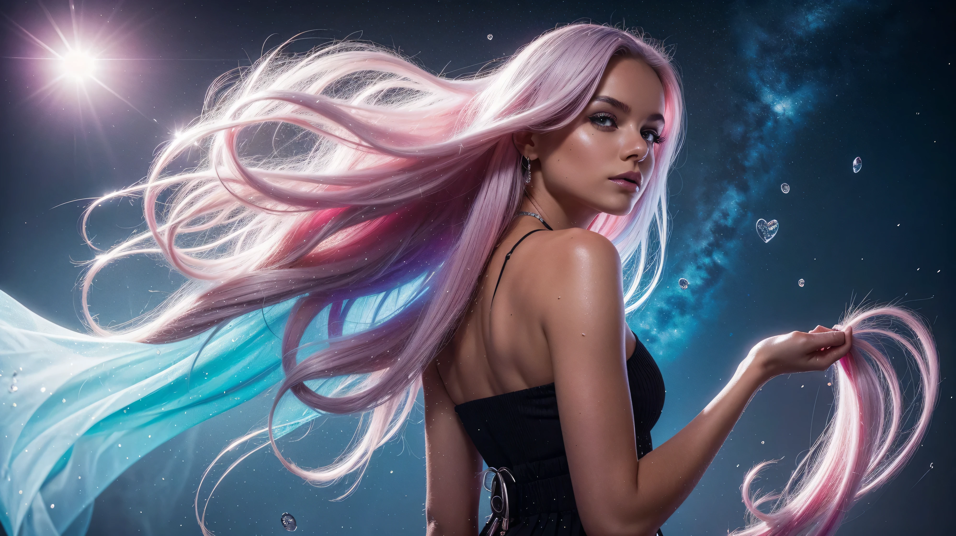 The spotlight is on a girl in a black and red dress, High detail, realistic beautiful girl with long white-blue hair, gradient blue and white hair color,girl with good charisma, creative approach to non-standard poses., Girl in miniskirt, there are splashes of silver dust, and behind him nebula, atmospheric lighting, surrounded by wet dew drops, behind the fantasy world, on a beautiful background, glare, shine, shine, spray drops, high quality, 8k Ultra HD, high contrast, high quality, Soft light, Close up of a beautiful realistic girl with BRIGHT WHITE TURQUOISE and pink long hair....... ,Close-up of clean skin with detailed skin ,full length,in a short miniskirt;handbag Realistic room with silver patterns with pearlescent shine,in drops of dew, stands in a beautiful place where there are a lot of rubber hearts ,everything around is pink and blue,grow along the edges with flowers,in the moonlit meadow ,nebula,epic mood,Best quality,ultra detail,Contrast,clear focus,volumetric light