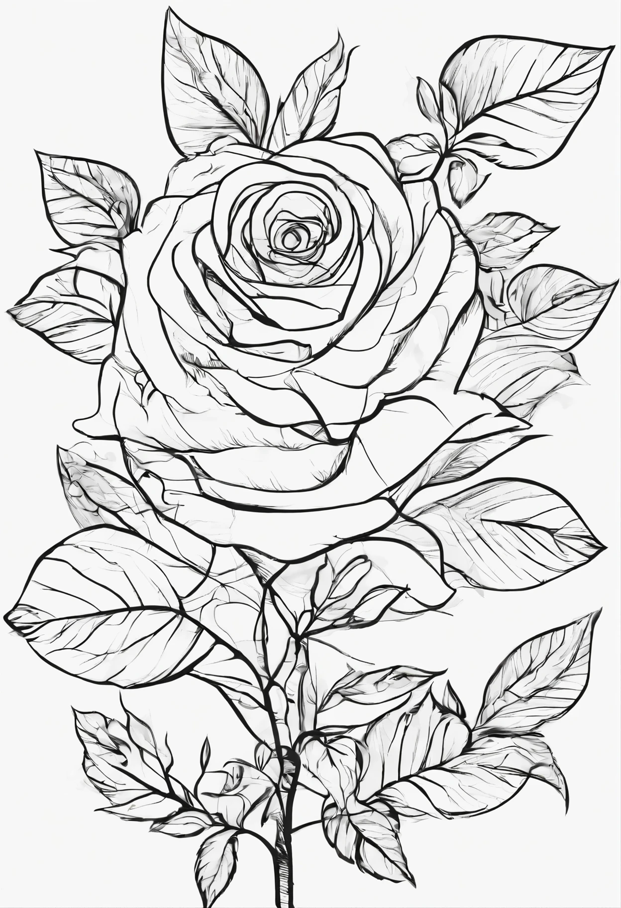 a rose with leaves on a white background with a black outline of the flower and leaves on the stem, Carlos Trillo Name, modern european ink painting, roses, coloring page , coloring book