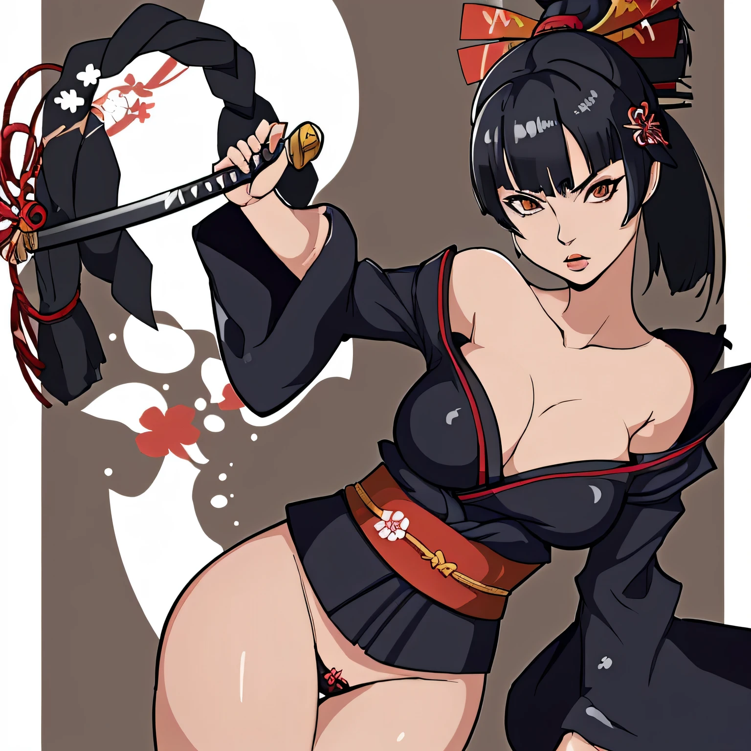 Mujer japonesa katana, samurai, Kimono sexy corto, hermosa, pelo negro, cuerpo completo, cuerpo sensual,pechos grandes dibujo anime