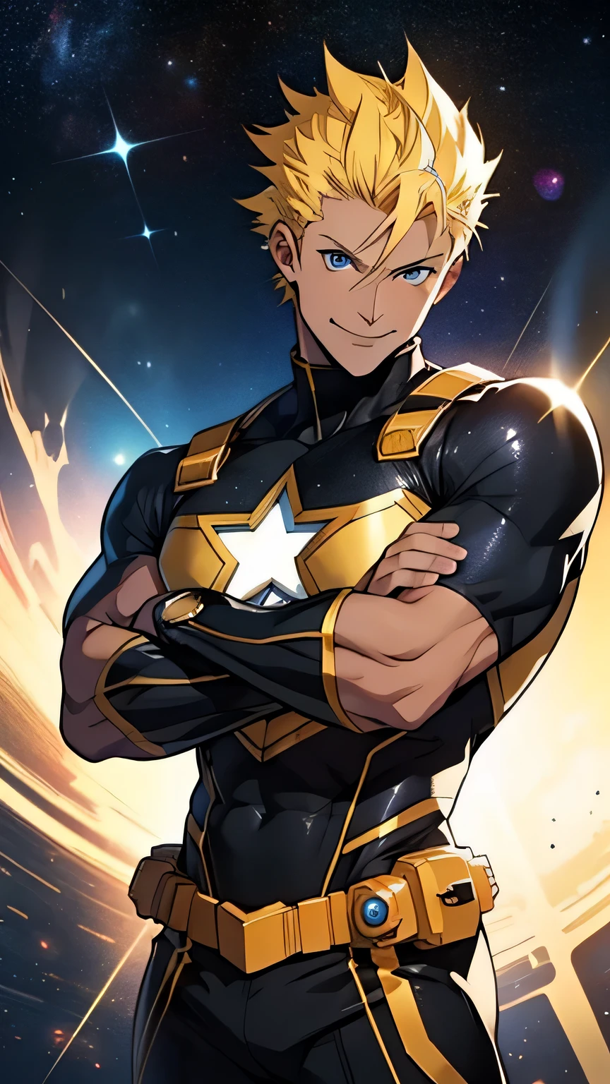 man, young, strong, smile, anime style, yellow spiky hair, tanned skin, blue eyes, black and gold superhero costume, starry space background