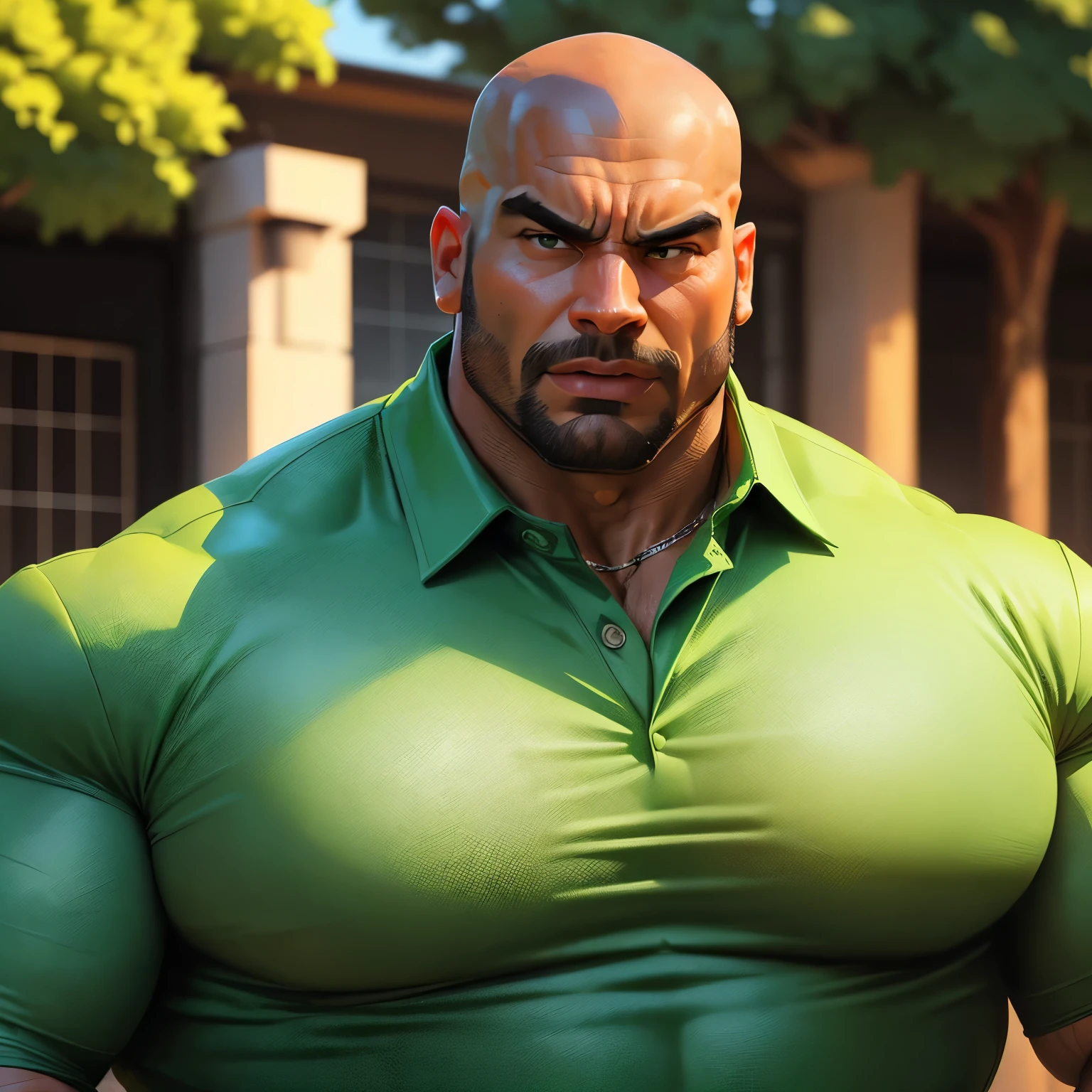 an exaggeratedly muscular and large bald bodyguard, beefy build, mixed race, surprised expression, (wearing green collared shirt: 1.2), dogtag necklace, (bara pecs: 1.3), (arm and chest hair: 1.1), close-up portrait HD, outdoor park