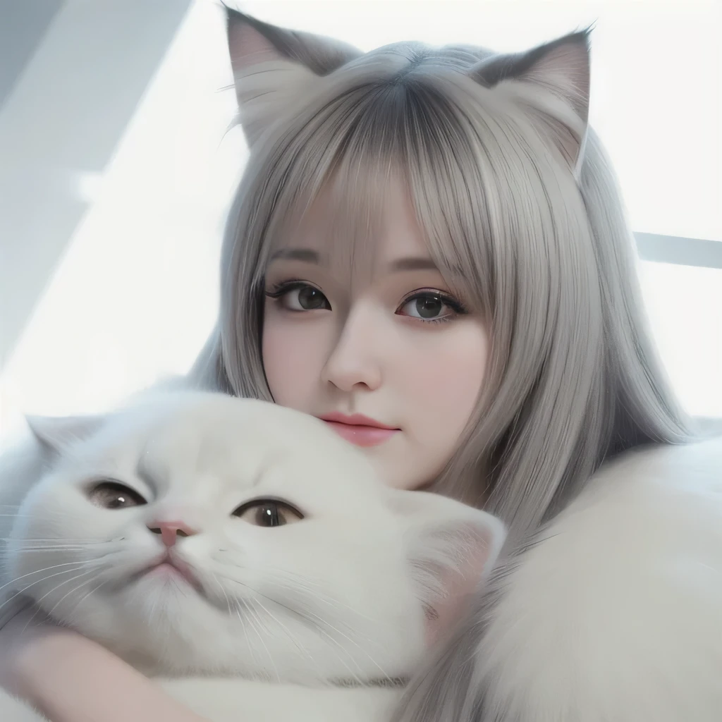 (pretty girl),Cuddling with a cute big cat,white fur fur and white powder elements,beautiful light and shadow,ambient light,very high quality fur,volume light, Anime Cartoon Style,Cat and girl,genuine,