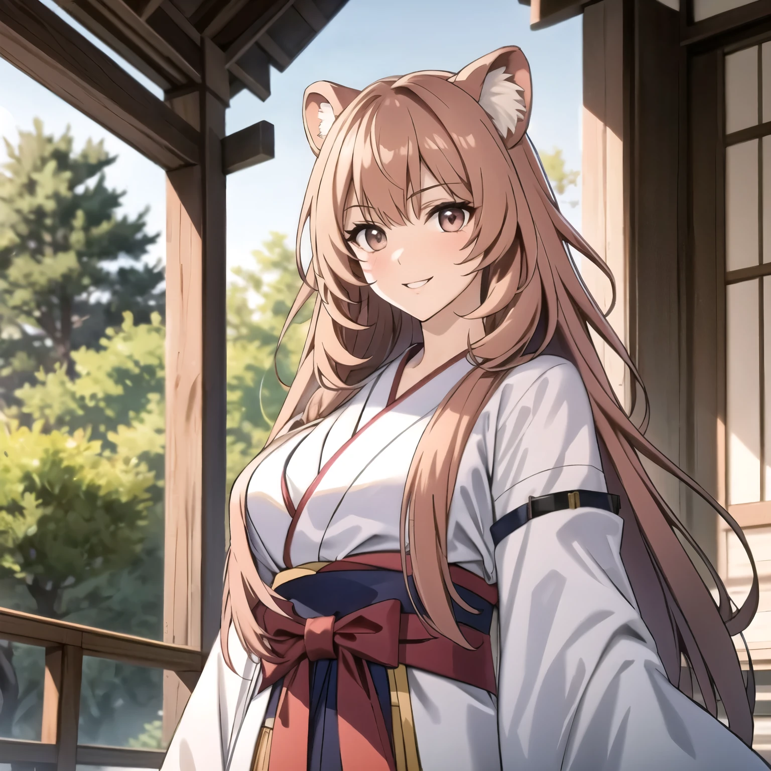 Rraphtalia. Beautiful detailed light skinned 21 year old woman. . ojos rojos brillantes. orejas de oso , pechos muy grandes. rubor, rostro hermoso. sonrisa feliz, disfraz miko. kimono parte superior blanco parte inferior rojo, pink flower belt, pechos enormes. Japanese Garden Background. escote. alta calidad, obra maestra orejas de animal, escote, enfoque en sus pechos. cuerpo completo. pechos grandes escote.