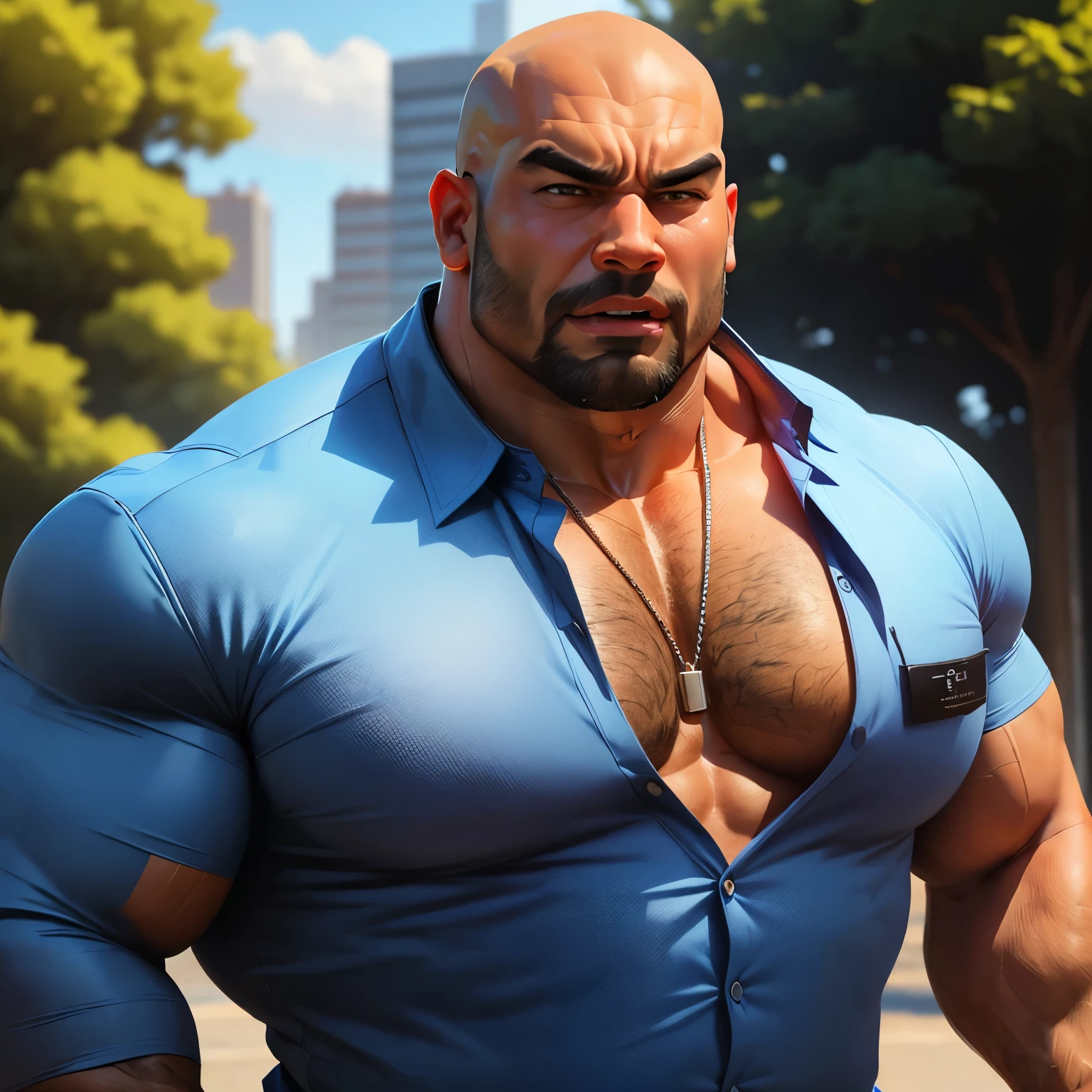 an exaggeratedly muscular and large bald bodyguard, beefy build, mixed race, surprised expression, (wearing blue collared shirt: 1.2), dogtag necklace, (bara pecs: 1.3), (arm and chest hair: 1.1), close-up portrait HD, outdoor park