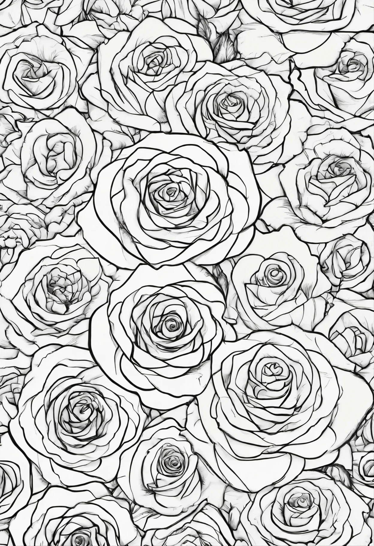 Line drawing, Pixar style, coloring page, black and white, multiple roses in pattern, ColoringBookAF, blank white background, ColoringBookRedmond-ColoringBook, best quality, ultra-detailed, realistic, portraits, vibrant colors, soft lighting.