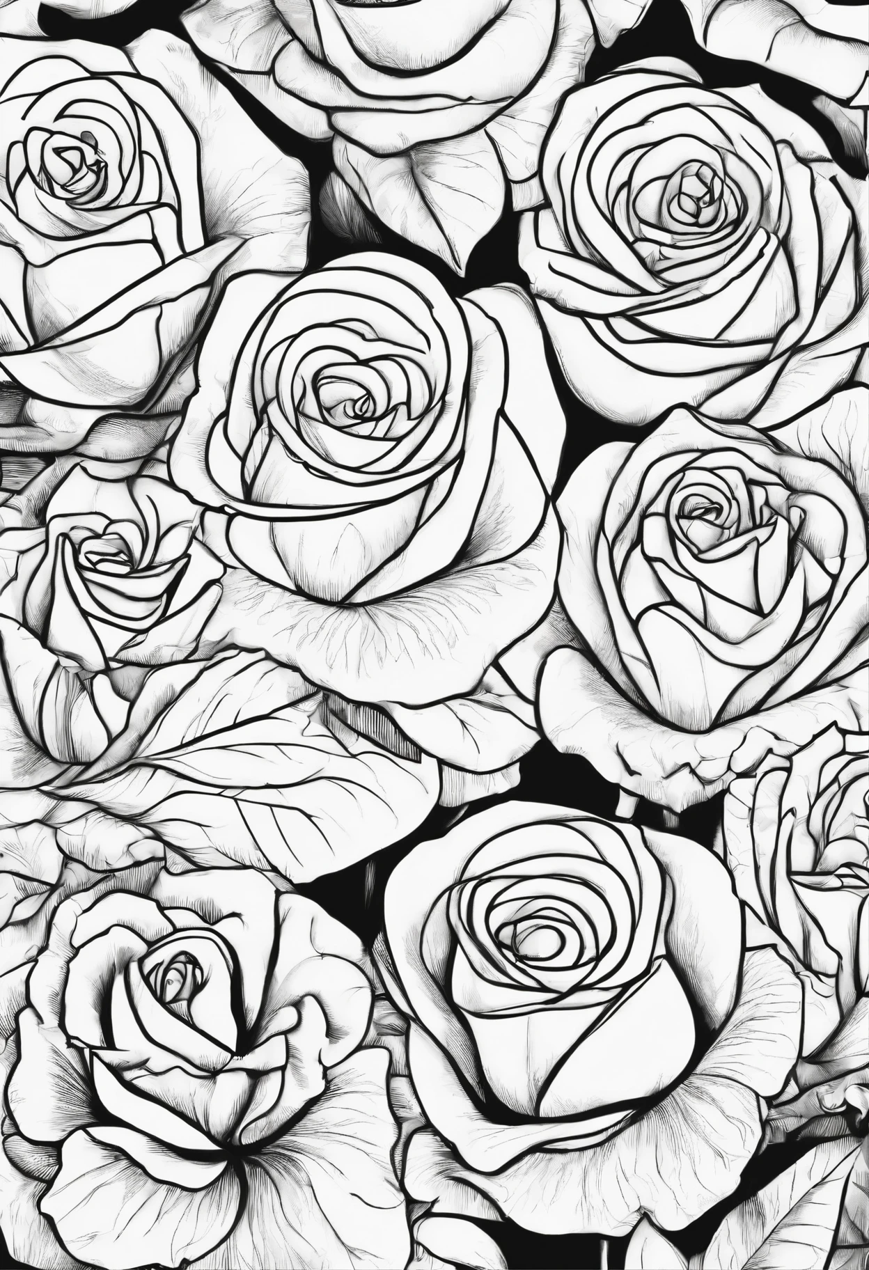Line drawing, Pixar style, coloring page, black and white, multiple roses in pattern, ColoringBookAF, blank white background, ColoringBookRedmond-ColoringBook, best quality, ultra-detailed, realistic, portraits, vibrant colors, soft lighting.