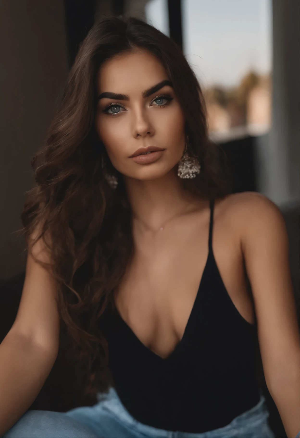 Mujer con camiseta de tirantes y braguita a juego, chica sexy con ojos azules, Retrato de Sophie Mudd, retrato corinna kopf, cabello rubio y ojos grandes, Selfie de una mujer joven, Ojos en el club Violet Myers, solo maquillaje, maquillaje natural, looking directly at the camera, Cara con Artgram, maquillaje sutil, impresionante foto de cuerpo completo, club, escote