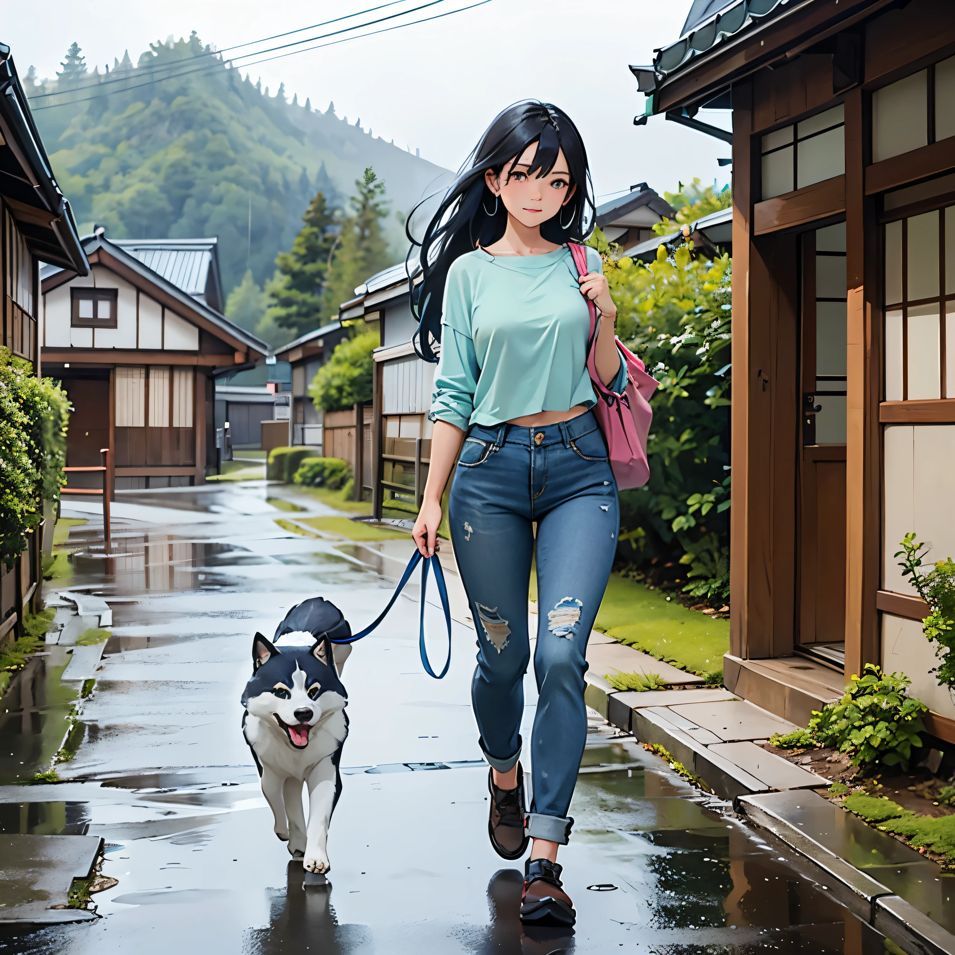 Beautiful girl, strolling in the rain, wearing blue top, green rugged jeans, canvas shoes, rural Japan street, serene, pretty, pet alaskan malamute