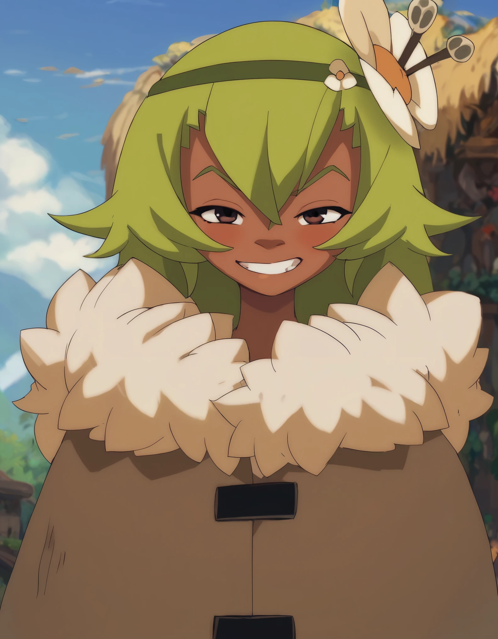 (score_9, score_8_up), score_7_up, score_6_up, anime screenshot, looking at viewer, clouds, 1girl, amalia sheran sharm, green hair, green hairband, hair ornament, hair flower, dark skin, brown eyes, fur-trimmed jacket, looking at viewer, grin, half-closed eyes, cowboy shot,