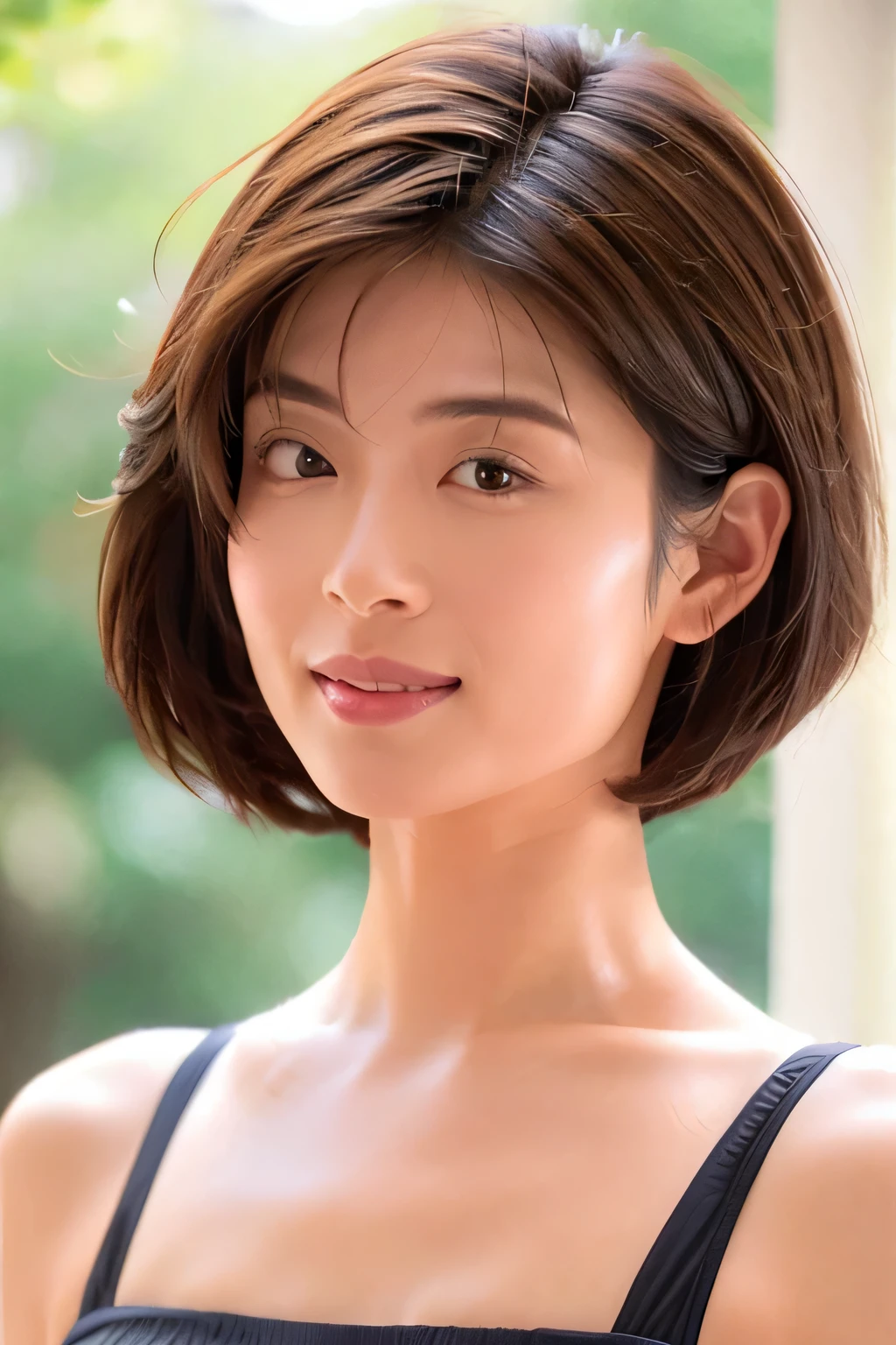 NSFW:1.5,((highest quality、8K resolution、master masterpiece、portrait:1.3)), Photoreal, 35mm film, 1 Japanese female, Upper body,Beautiful woman, on the street during the day, wrinkles around the eyes, plump body、short hair_boyish、smile,((black  swimsuits:1.3)) , (outdoor:city street 1.3), jumbled background,look at the audience,Tokyo cityscape:1.3,laugh