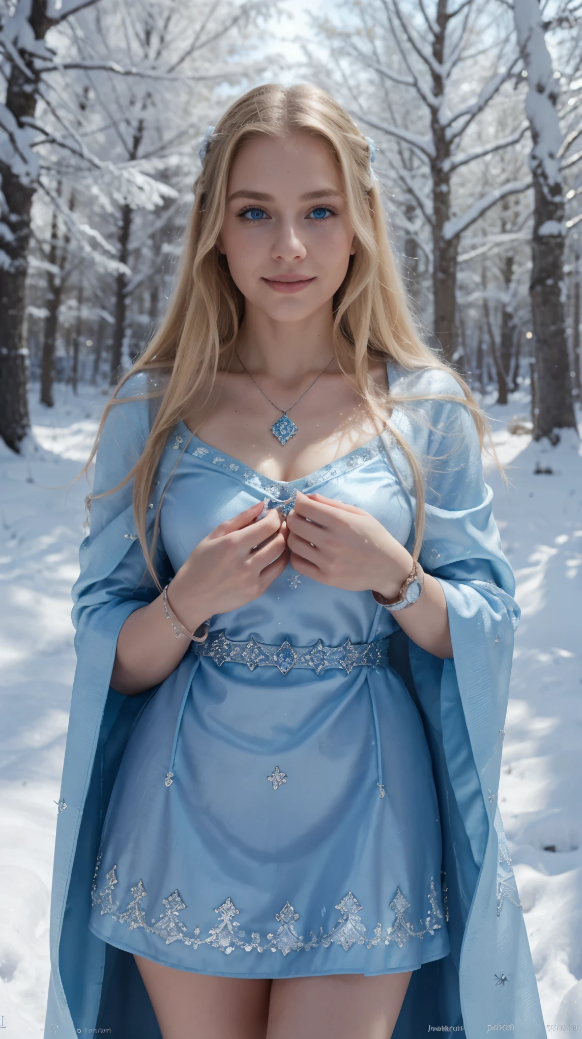 (detailed), perfect face, realistic photo of beautiful woman, blue eyes, piercing eyes, long hair, blond hair, wearing detailed necklace, Polish, influencer, light freckles, big lips, wearing detailed diamond bracelet, wearing detailed branded watch, wearing detailed diamond ring, Instagram, sharp photo, perfect body, model looking, realistic photo of a woman, golden, blond hair color, perfect detailed hands, perfect detailed fingers, ((best quality)), ((masterpiece)) (smile:1.2) light blue eyes, incredible blue eyes, detailed, photographer_\( ultra\), In the heart of a snowy enchanted forest, iamsophia wanders through a landscape transformed by winter's magic. Her blond hair contrasts with the white snow, and her sky-blue eyes reflect the ethereal glow of the aurora borealis above. Wrapped in a cloak of midnight blue, adorned with silver embroidery that mimics the patterns of frost, she moves with grace and purpose. Her hands, visible from the folds of her cloak, hold a lantern that casts a warm light, revealing hidden paths and ancient runes carved into the trees. This setting portrays iamsophia as a mystic on a quest, seeking ancient wisdom in the silence and purity of the snow-covered forest, a beacon of light and warmth in the cold, enchanted night.
