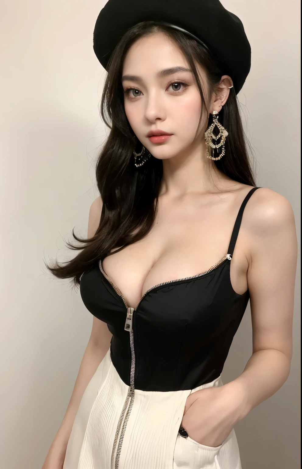 (lifelike,high resolution:1.3), A slim girl, The face shape and eyes are super delicate,black色头发,red glossy lips,(beautiful face), (best quality), (Super detailed), (Extremely detailed CG unified 8K wallpaper),(White background),sexy look,big eyes,(standing),sexy pose,Character centered,perfect breast shape,(cleavage,Big ,big breasts),(zipper dress),earrings,black neck decorations,Black duckbill cap,black