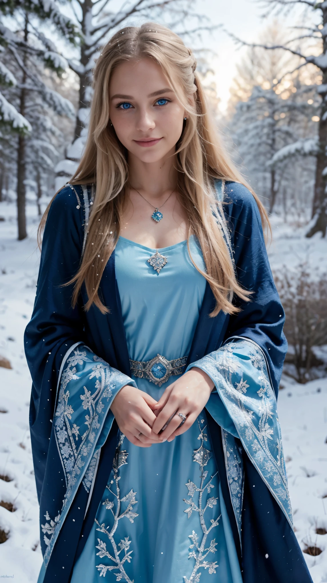 (detailed), perfect face, realistic photo of beautiful woman, blue eyes, piercing eyes, long hair, blond hair, wearing detailed necklace, Polish, influencer, light freckles, big lips, wearing detailed diamond bracelet, wearing detailed branded watch, wearing detailed diamond ring, Instagram, sharp photo, perfect body, model looking, realistic photo of a woman, golden, blond hair color, perfect detailed hands, perfect detailed fingers, ((best quality)), ((masterpiece)) (smile:1.2) light blue eyes, incredible blue eyes, detailed, photographer_\( ultra\), In the heart of a snowy enchanted forest, iamsophia wanders through a landscape transformed by winter's magic. Her blond hair contrasts with the white snow, and her sky-blue eyes reflect the ethereal glow of the aurora borealis above. Wrapped in a cloak of midnight blue, adorned with silver embroidery that mimics the patterns of frost, she moves with grace and purpose. Her hands, visible from the folds of her cloak, hold a lantern that casts a warm light, revealing hidden paths and ancient runes carved into the trees. This setting portrays iamsophia as a mystic on a quest, seeking ancient wisdom in the silence and purity of the snow-covered forest, a beacon of light and warmth in the cold, enchanted night.