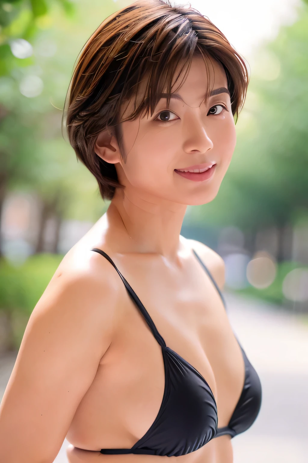 NSFW:1.5,((highest quality、8K resolution、master masterpiece、portrait:1.3)), Photoreal, 35mm film, 1 Japanese female, Upper body,Beautiful woman, on the street during the day, wrinkles around the eyes, plump body、short hair_boyish、smile,((black swimsuits:1.3)) , (outdoor:city street 1.3), jumbled background,look at the audience,Tokyo cityscape:1.3,laugh