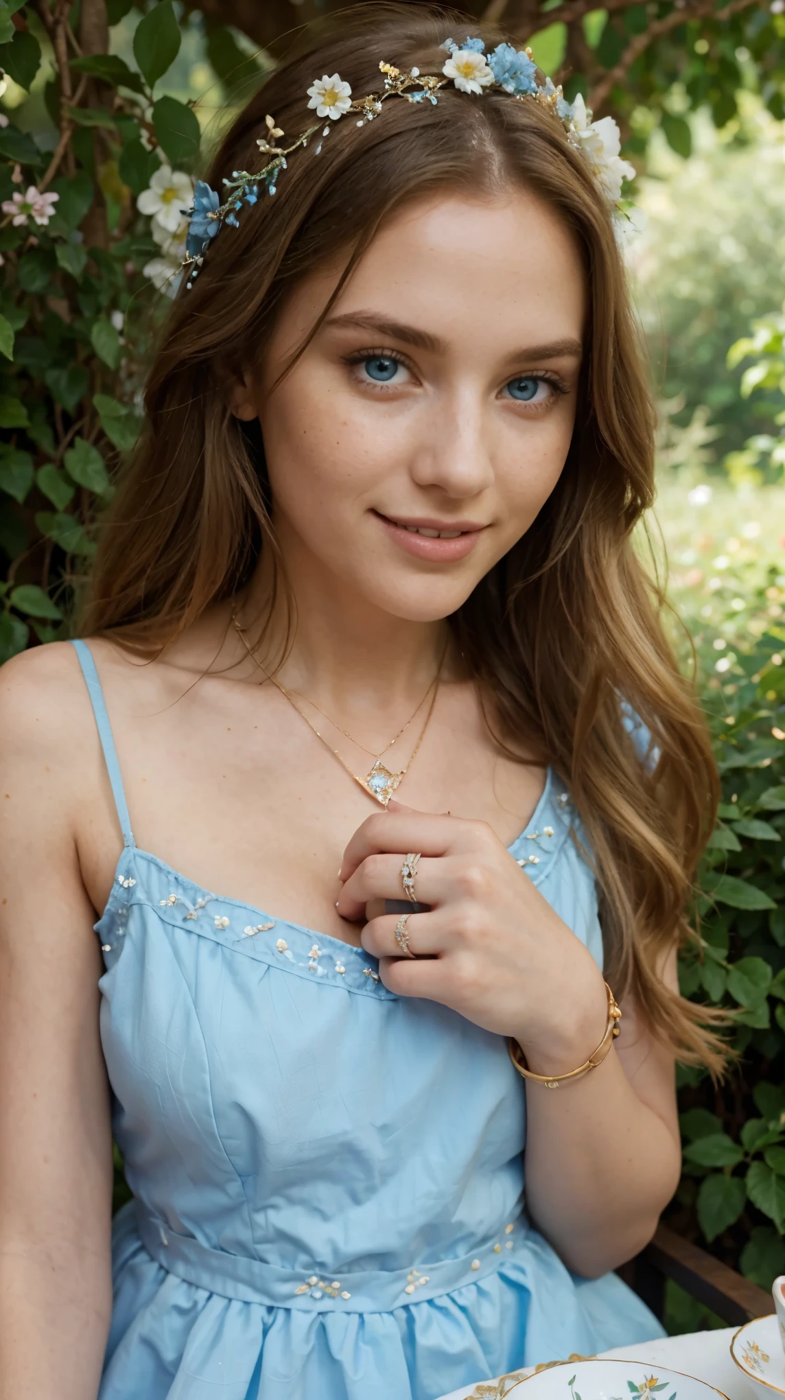 (detailed), perfect face, realistic photo of beautiful woman, blue eyes, piercing eyes, long hair, blond hair, wearing detailed necklace, Polish, influencer, light freckles, big lips, wearing detailed diamond bracelet, wearing detailed branded watch, wearing detailed diamond ring, Instagram, sharp photo, perfect body, model looking, realistic photo of a woman, golden, blond hair color, perfect detailed hands, perfect detailed fingers, ((best quality)), ((masterpiece)) (smile:1.2) light blue eyes, incredible blue eyes, detailed, photographer_\( ultra\), In a hidden corner of an overgrown garden, iamsophia hosts a whimsical tea party, surrounded by wildflowers and ancient trees. Her blond hair is adorned with floral wreaths, and her sky-blue eyes sparkle with delight as she shares stories and laughter with her imaginary guests. Dressed in a vintage tea dress with delicate embroidery, she epitomizes the joy and whimsy of a secret garden soiree. Her hands, elegantly poised, pour tea from an antique teapot into fine china cups. The scene is set with an array of sweets and pastries, each more fantastical than the last, creating a magical atmosphere where time stands still, and every sip of tea tastes like a dream.