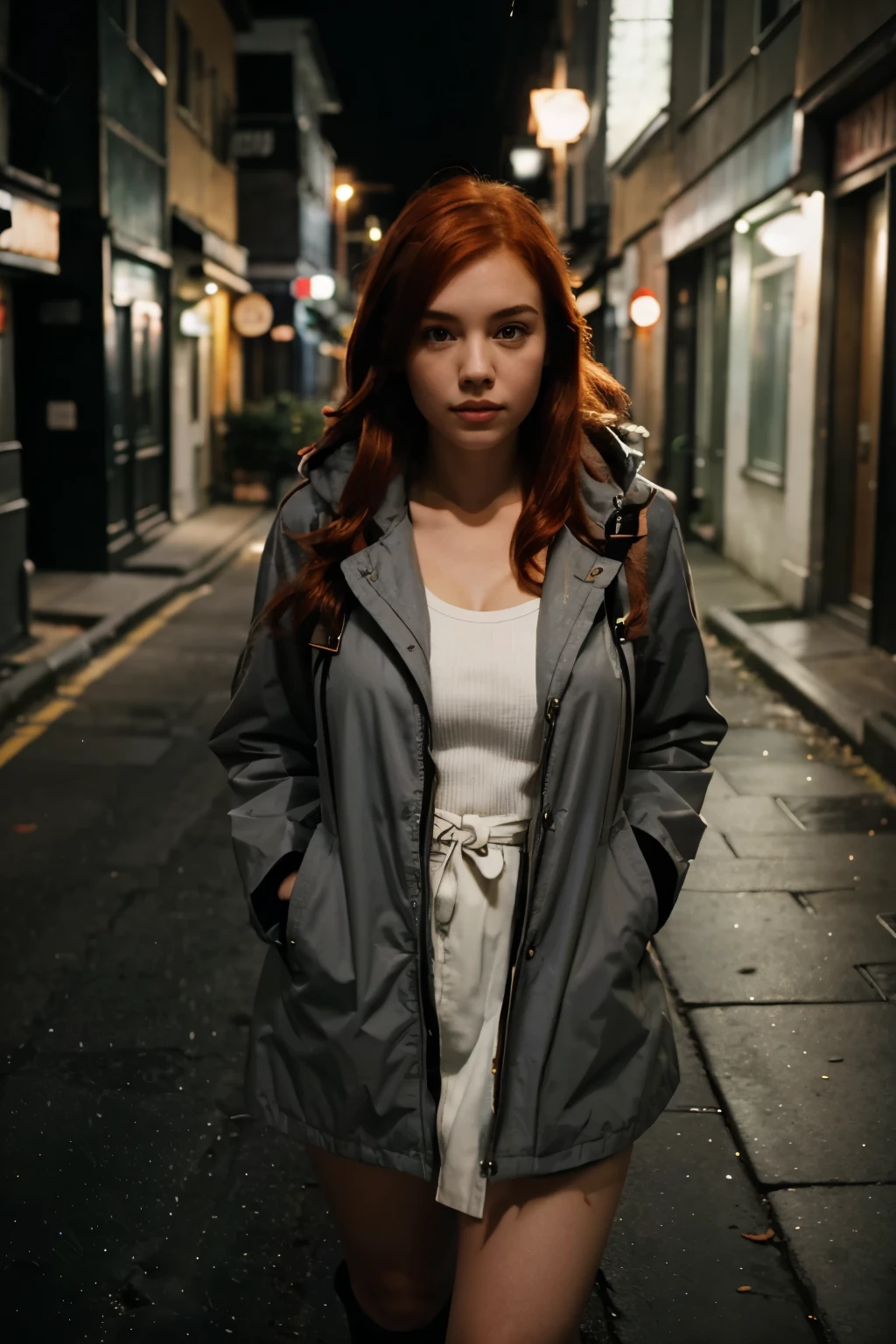 A photo of a busty red haired girl, wearing grey parka, walking through a lonely street at night, hyper realistic photo, picture taken with canon eos 3 and kodak gold 400