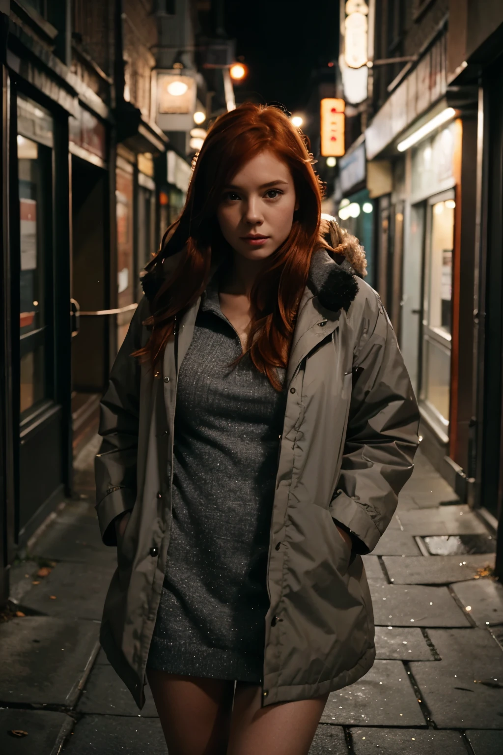 A photo of a busty red haired girl, wearing grey parka, walking through a lonely street at night, hyper realistic photo, picture taken with canon eos 3 and kodak gold 400