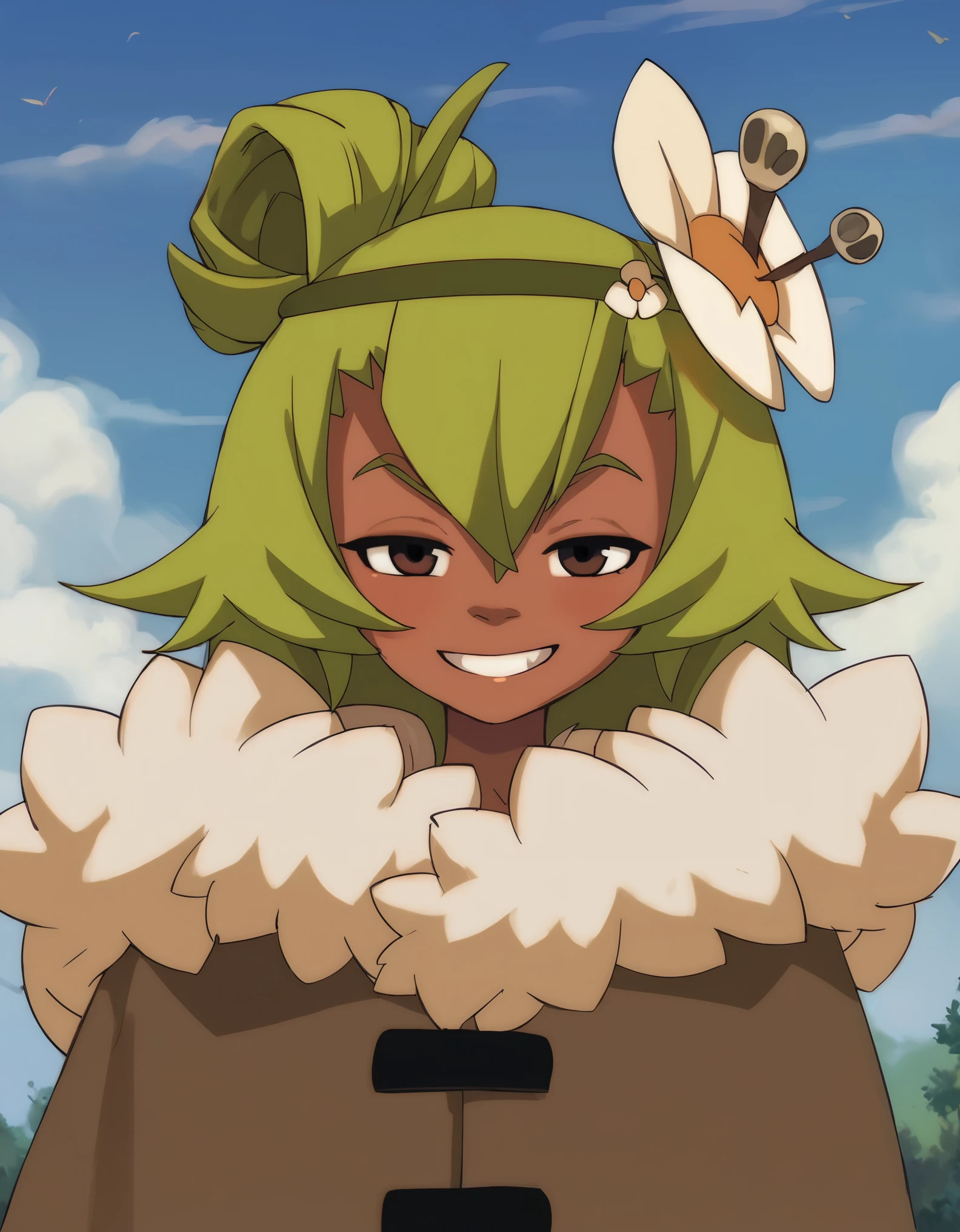 (score_9, score_8_up), score_7_up, score_6_up, anime screenshot, looking at viewer, clouds, 1girl, amalia sheran sharm, green hair, green hairband, hair ornament, hair flower, dark skin, brown eyes, fur-trimmed jacket, looking at viewer, grin, half-closed eyes, cowboy shot,