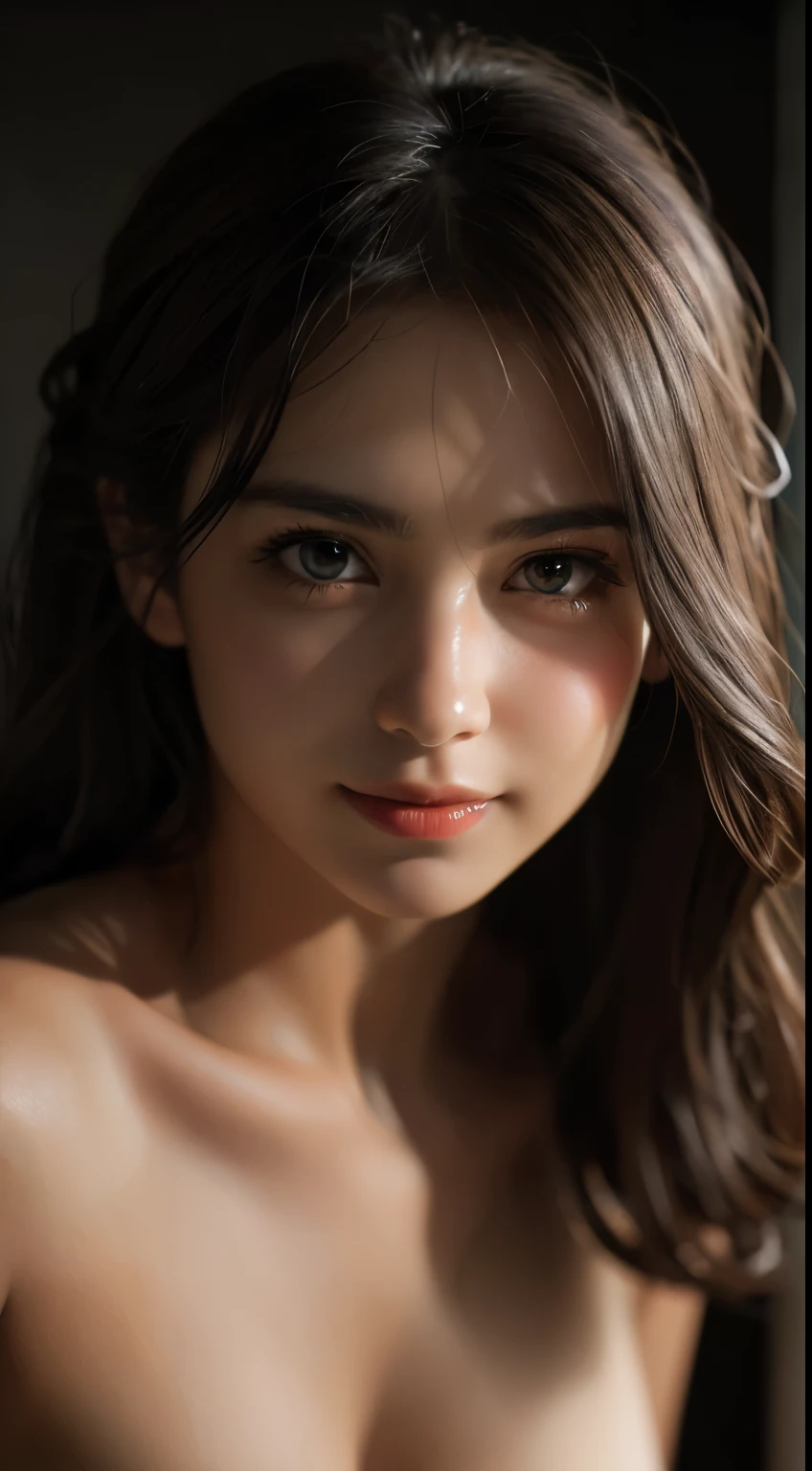 masterpiece, highest quality, Raw foto, photorealistic, smile, beautiful girl, cute, Hair up, Depth of the bounds written, High resolution, Super detailed, details, highly detailed eyes and face, mesmerizing black eyes, Realistic pupils, sharp focus, Cinematic lighting, upper part of the body, face on camera, topless, tight cleavage, dark background, small lighting