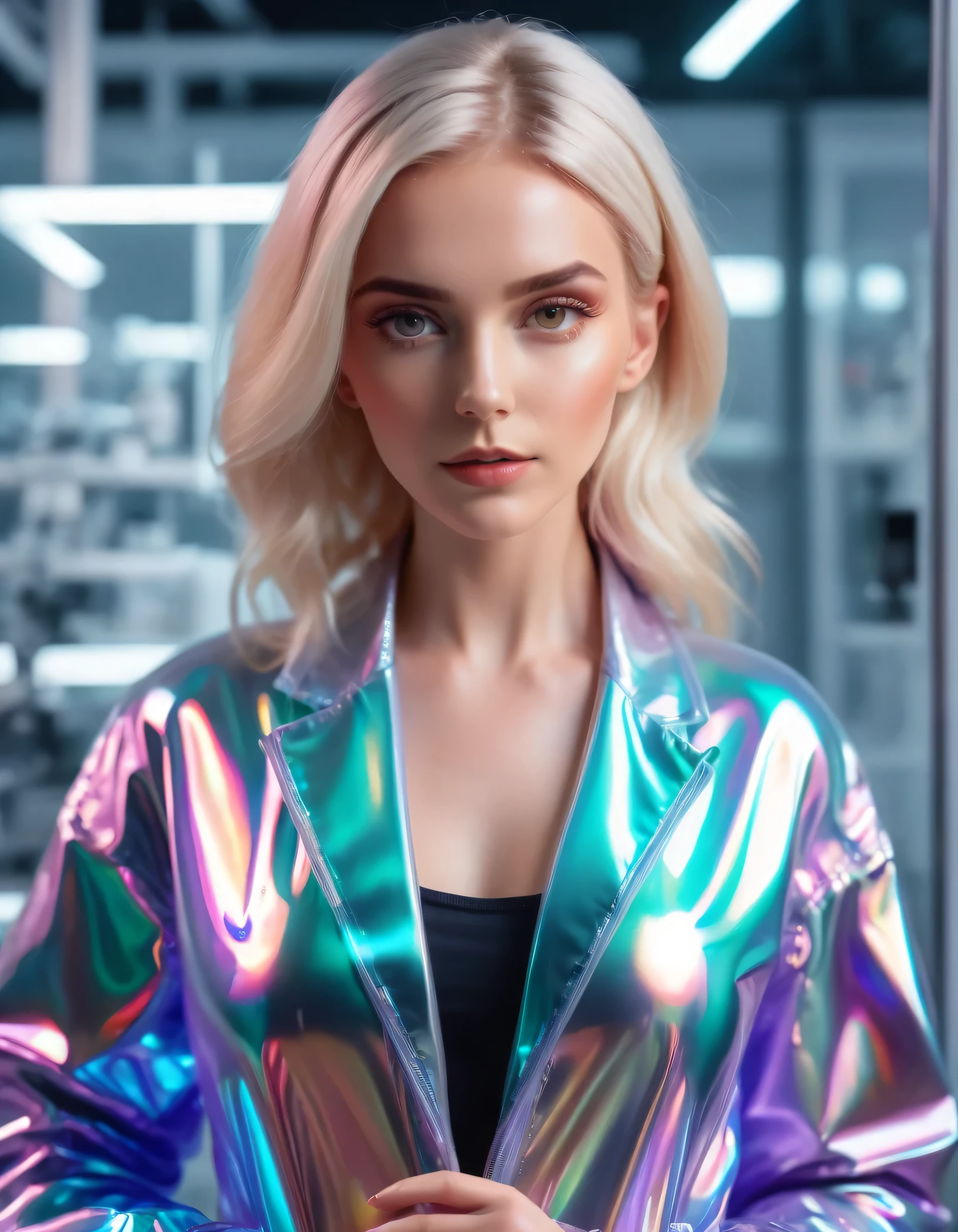 8k high resolution holographic magazine full body photoshoot of nuclear engineer blonde woman with brown eyes wearing transparent jacket in laboratory. Sour candy iridescent glossy vibe
